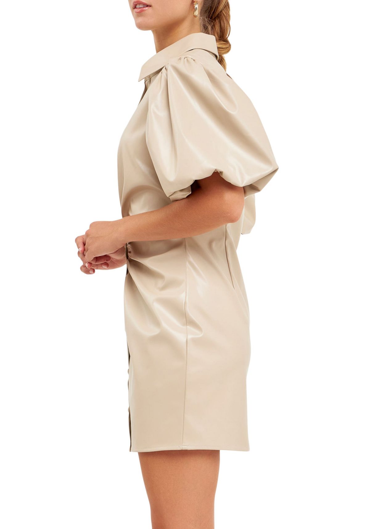 PU Leather Button Closure Mini Dress