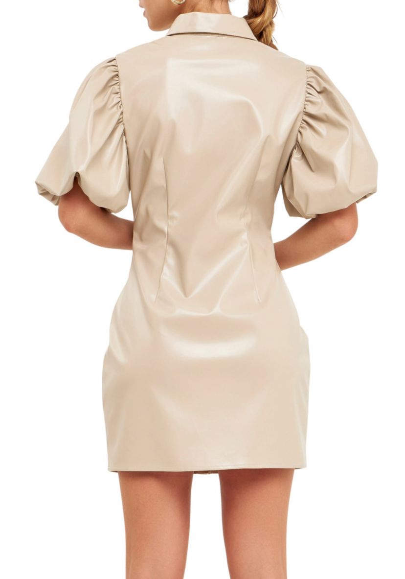 PU Leather Button Closure Mini Dress