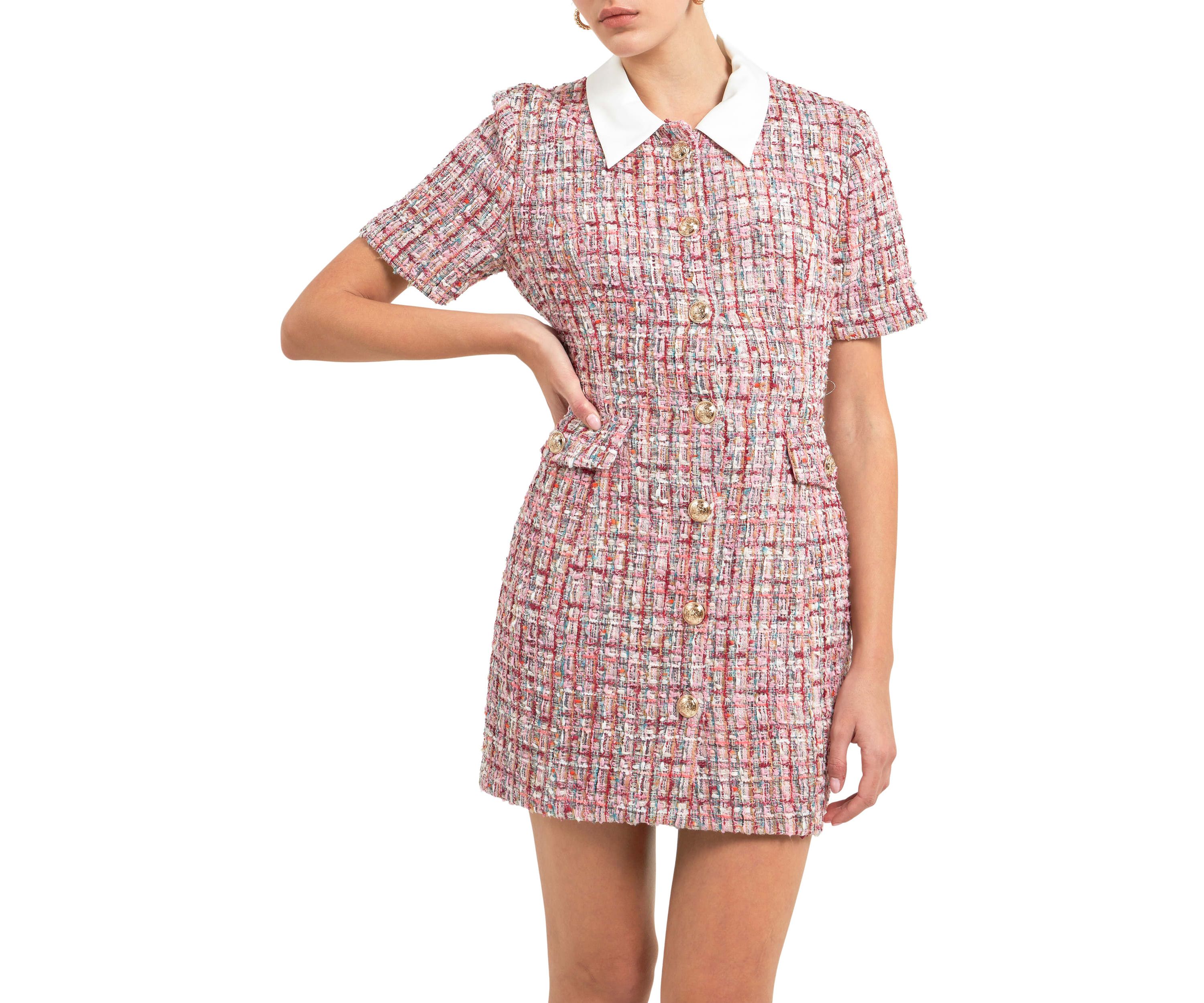 Multi Tweed Collared Short Sleeve Dress