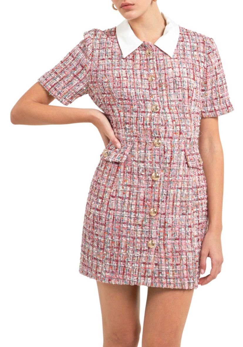Multi Tweed Collared Short Sleeve Dress