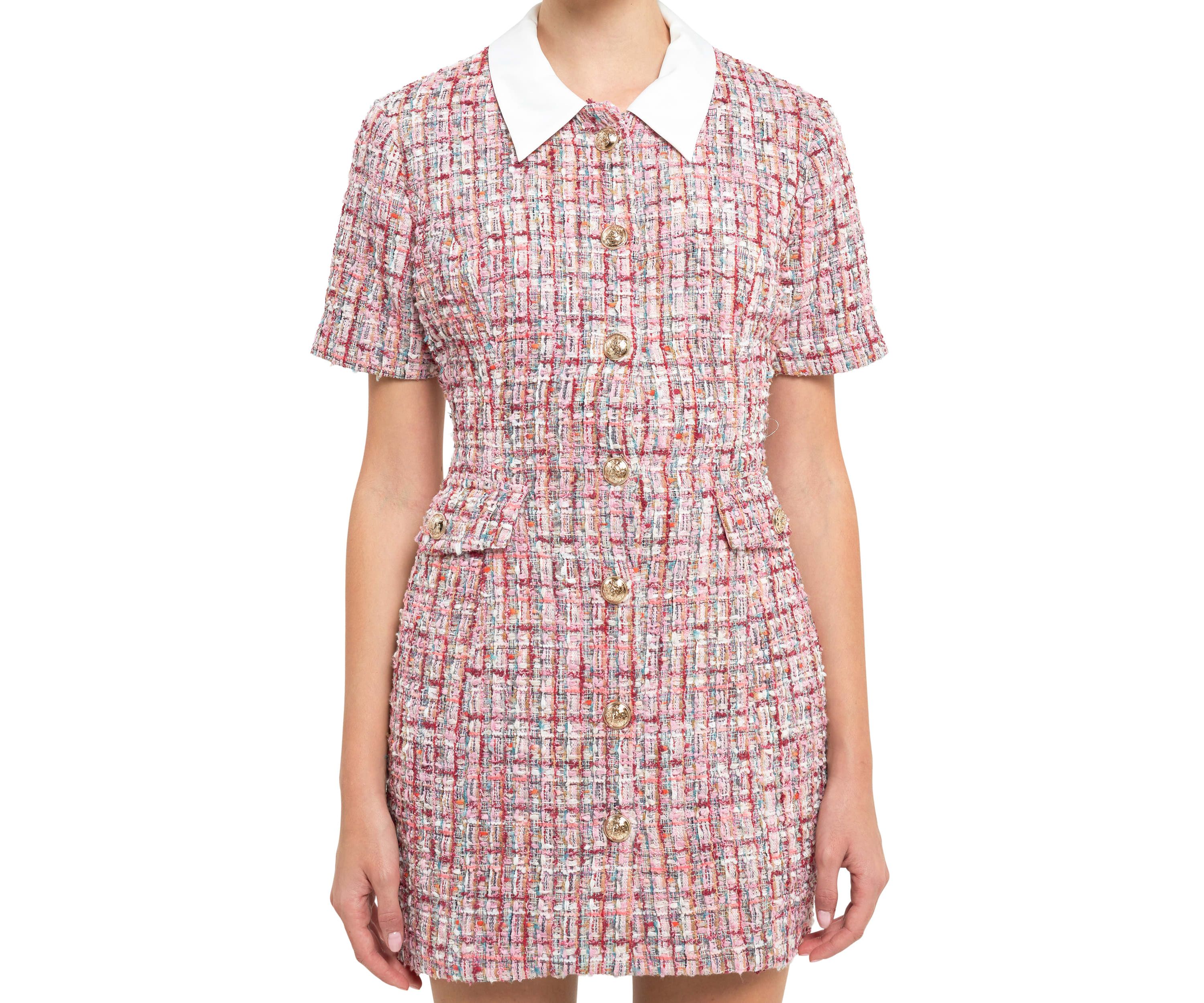 Multi Tweed Collared Short Sleeve Dress