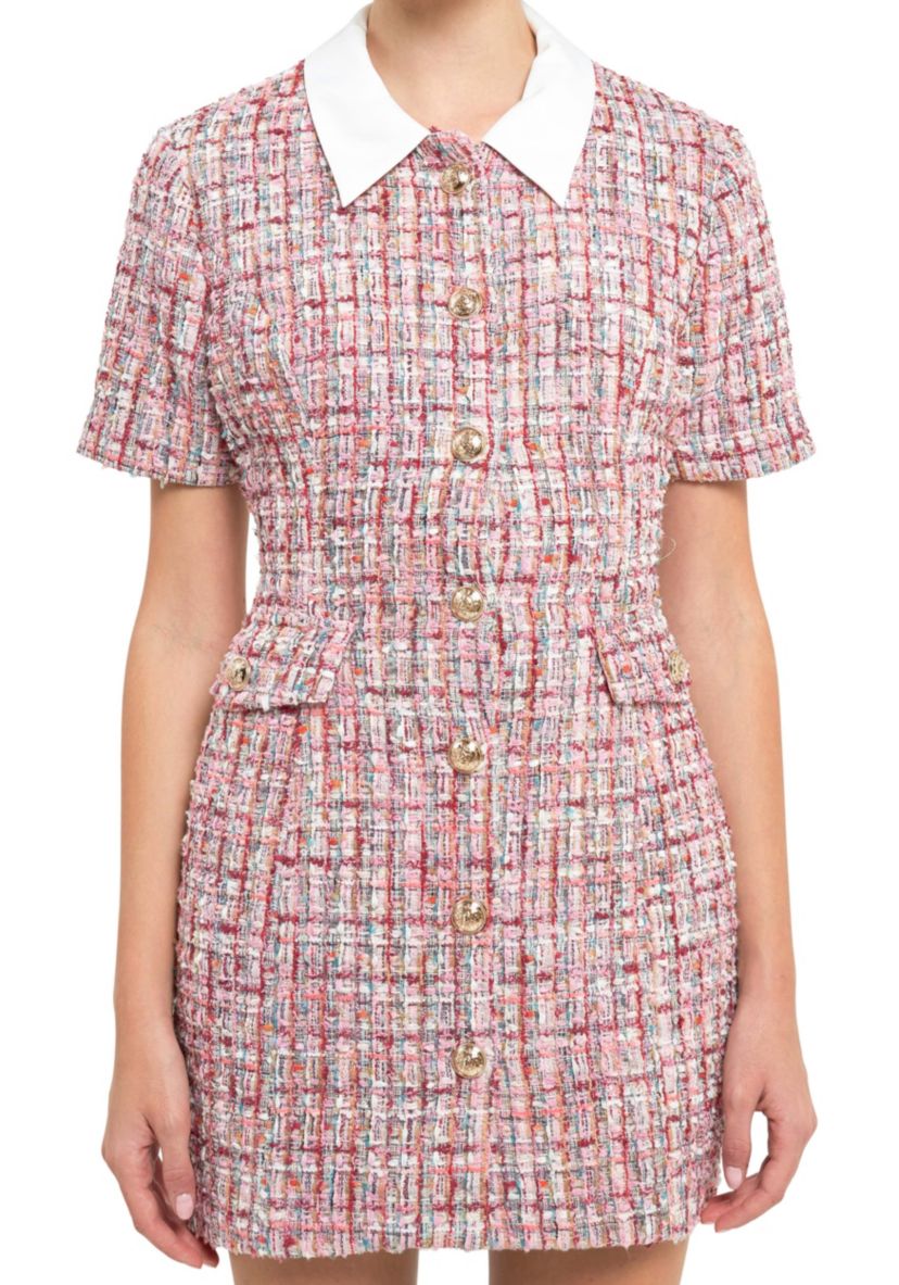 Multi Tweed Collared Short Sleeve Dress