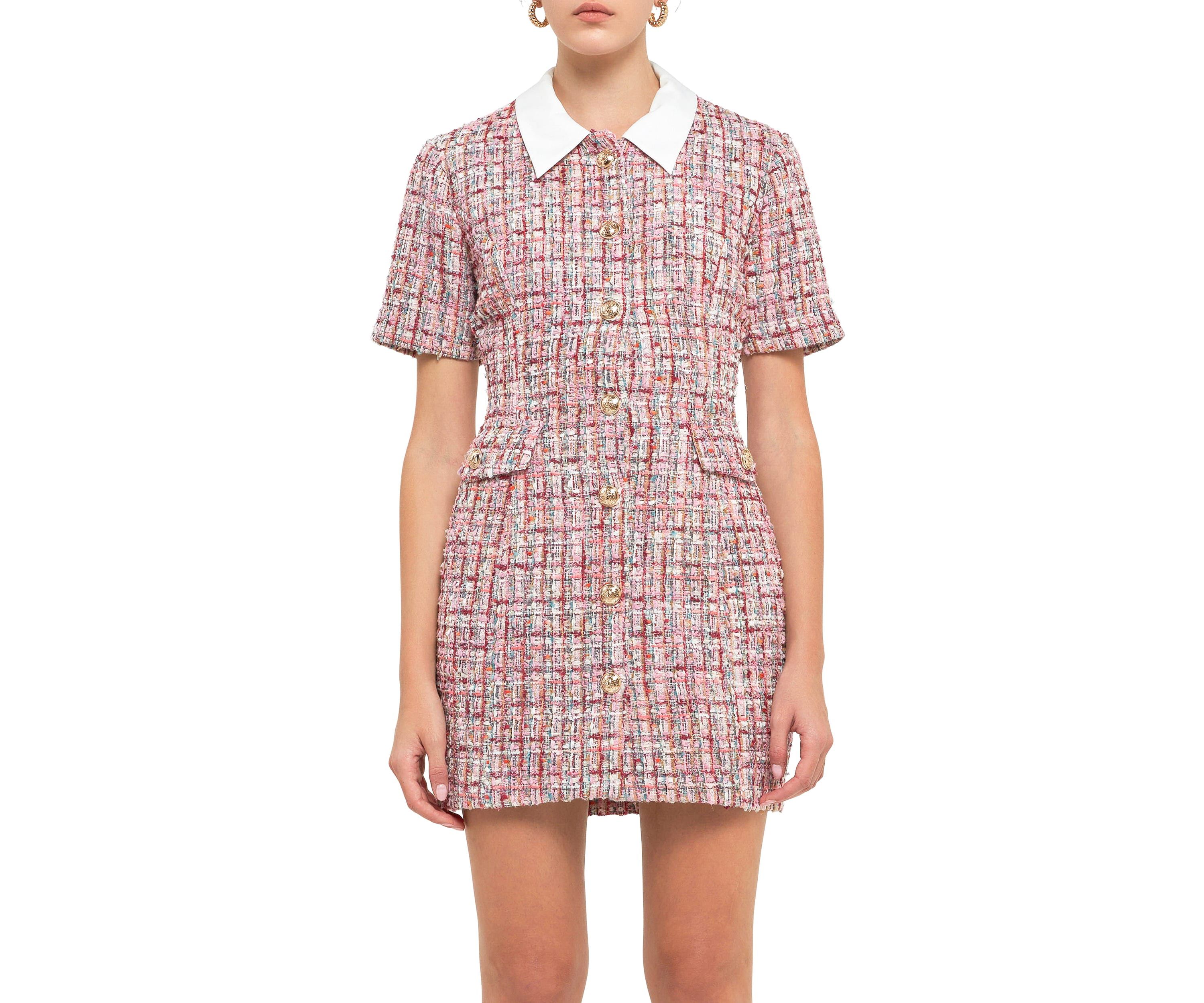 Multi Tweed Collared Short Sleeve Dress