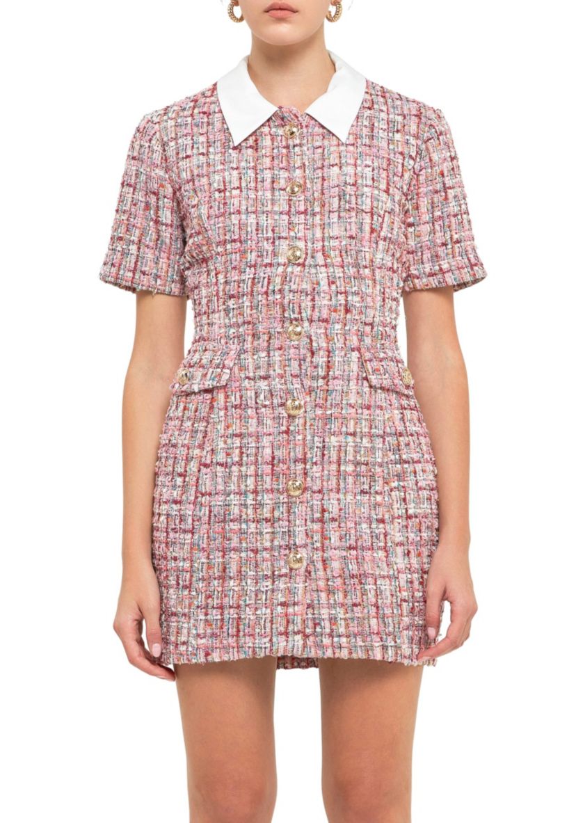 Multi Tweed Collared Short Sleeve Dress