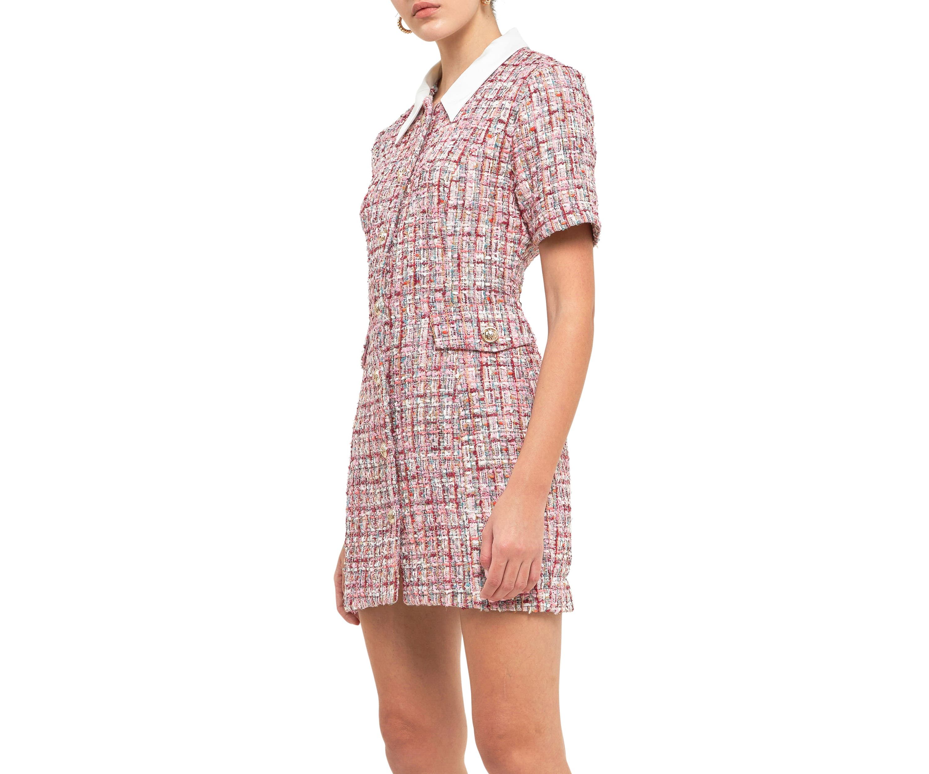 Multi Tweed Collared Short Sleeve Dress
