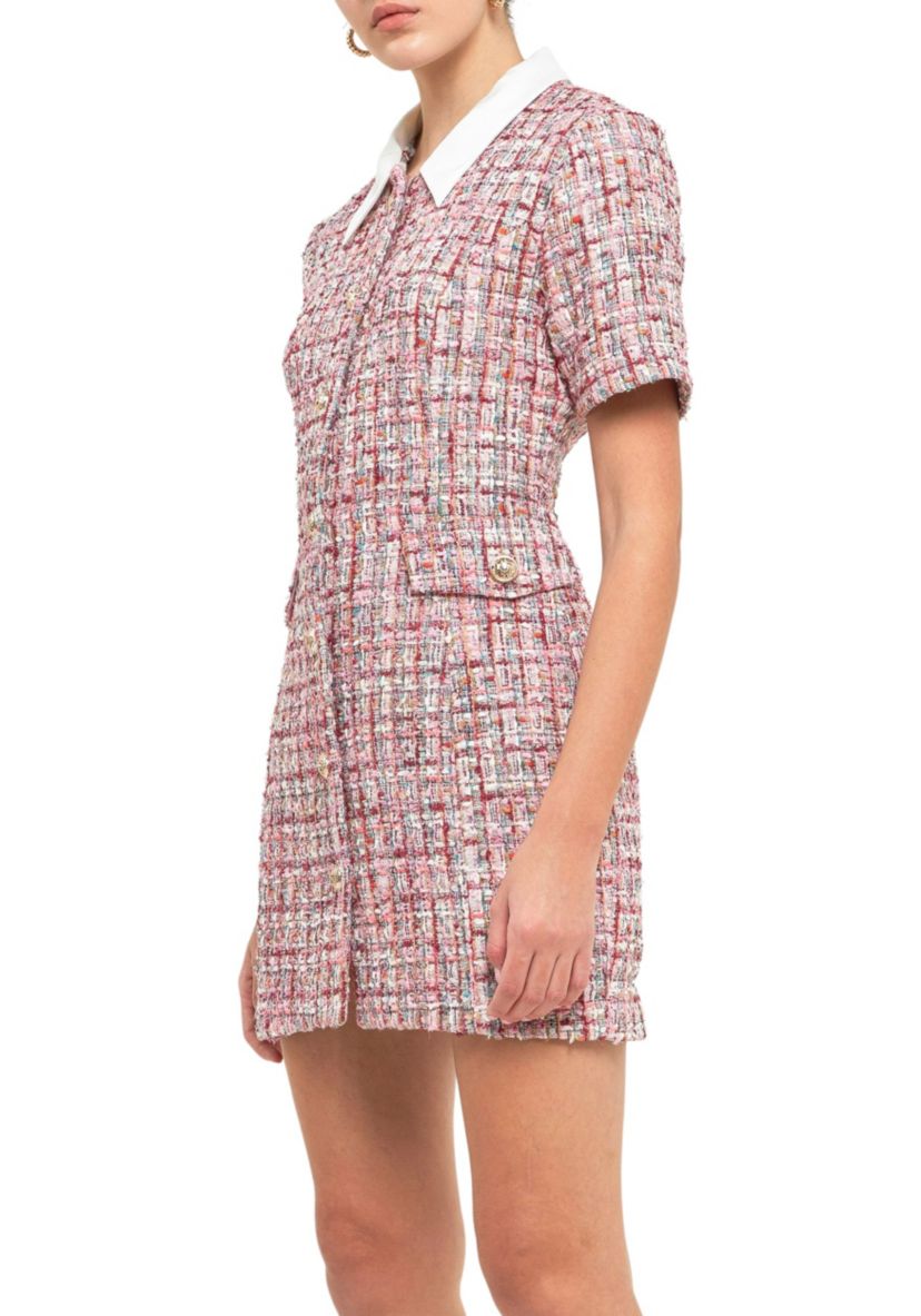 Multi Tweed Collared Short Sleeve Dress