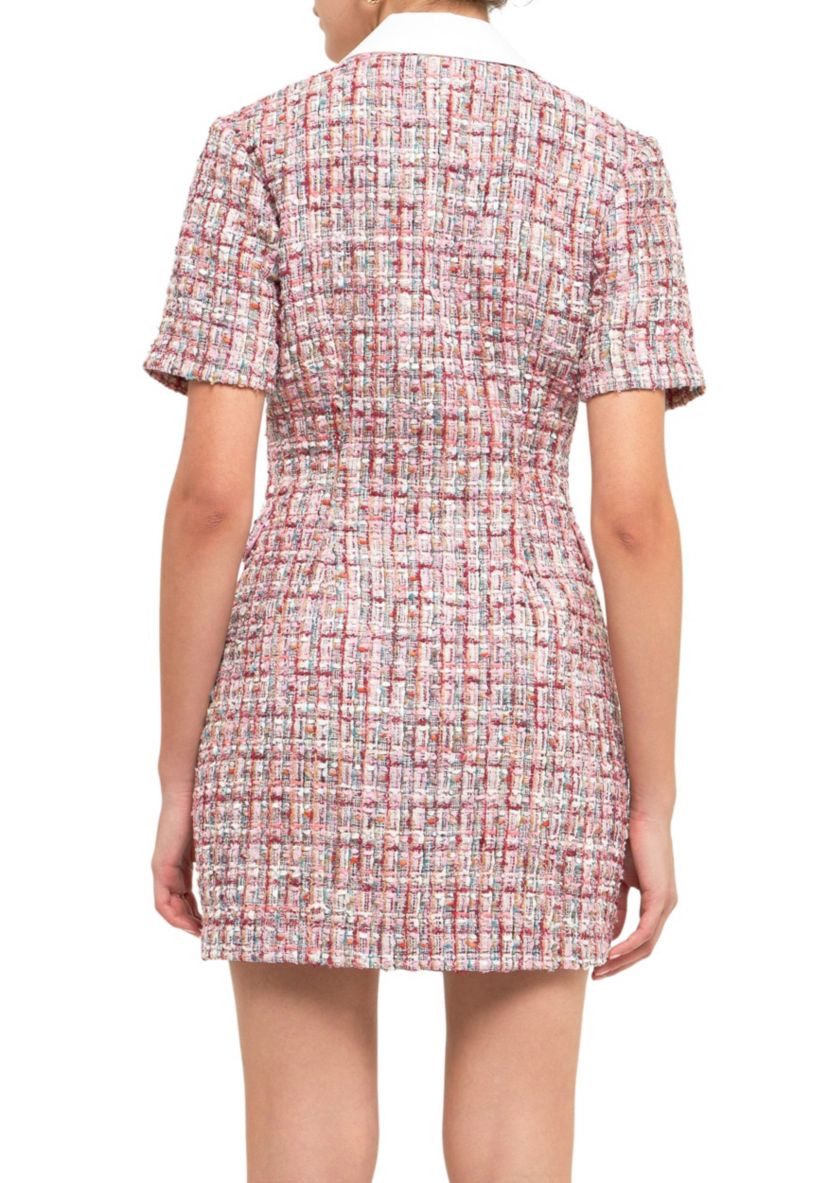 Multi Tweed Collared Short Sleeve Dress