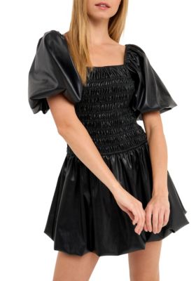 Endless Rose Women's PU leather Smocked Balloon Detail Mini Dress, Black, Large