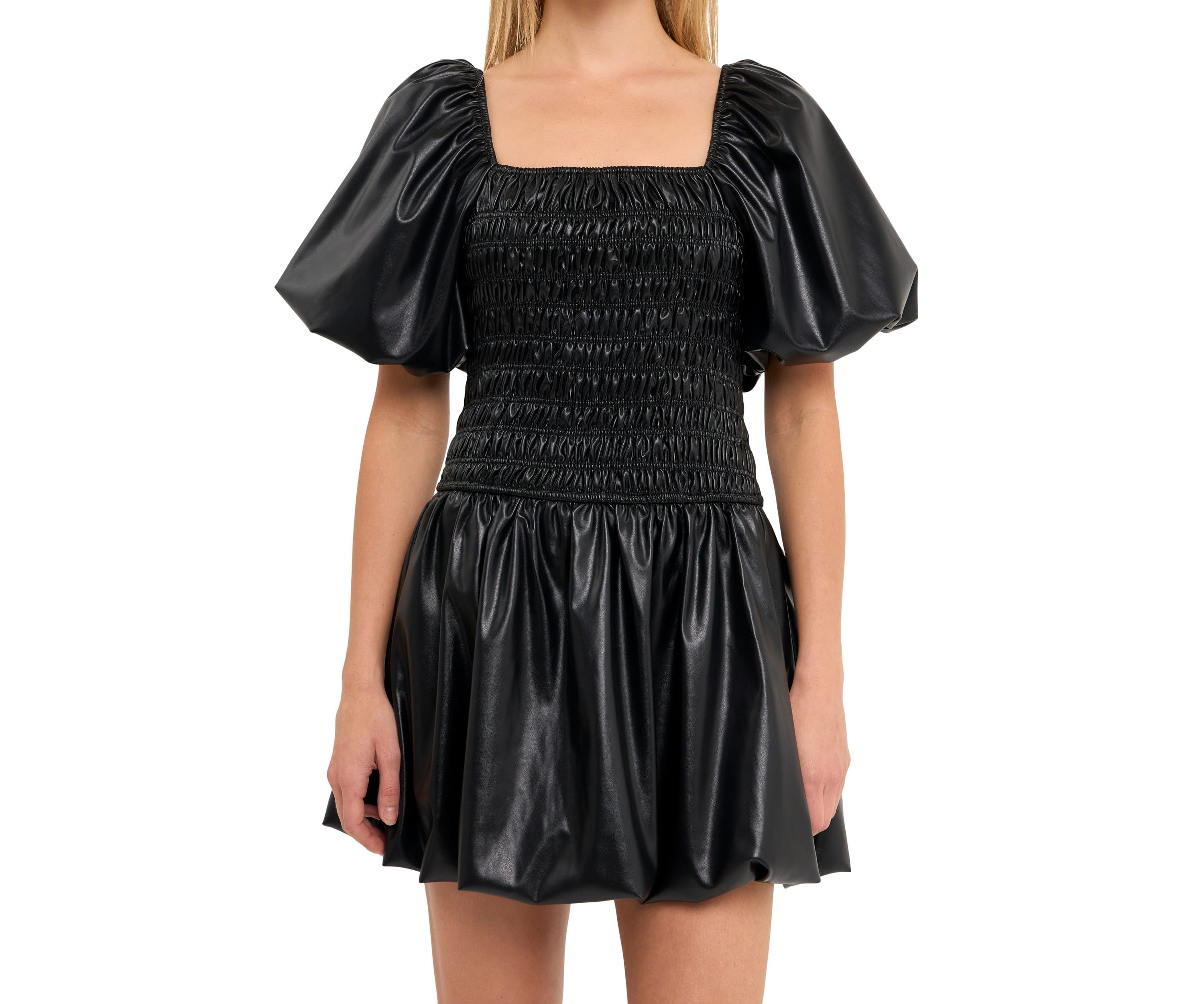 PU leather Smocked Balloon Detail Mini Dress