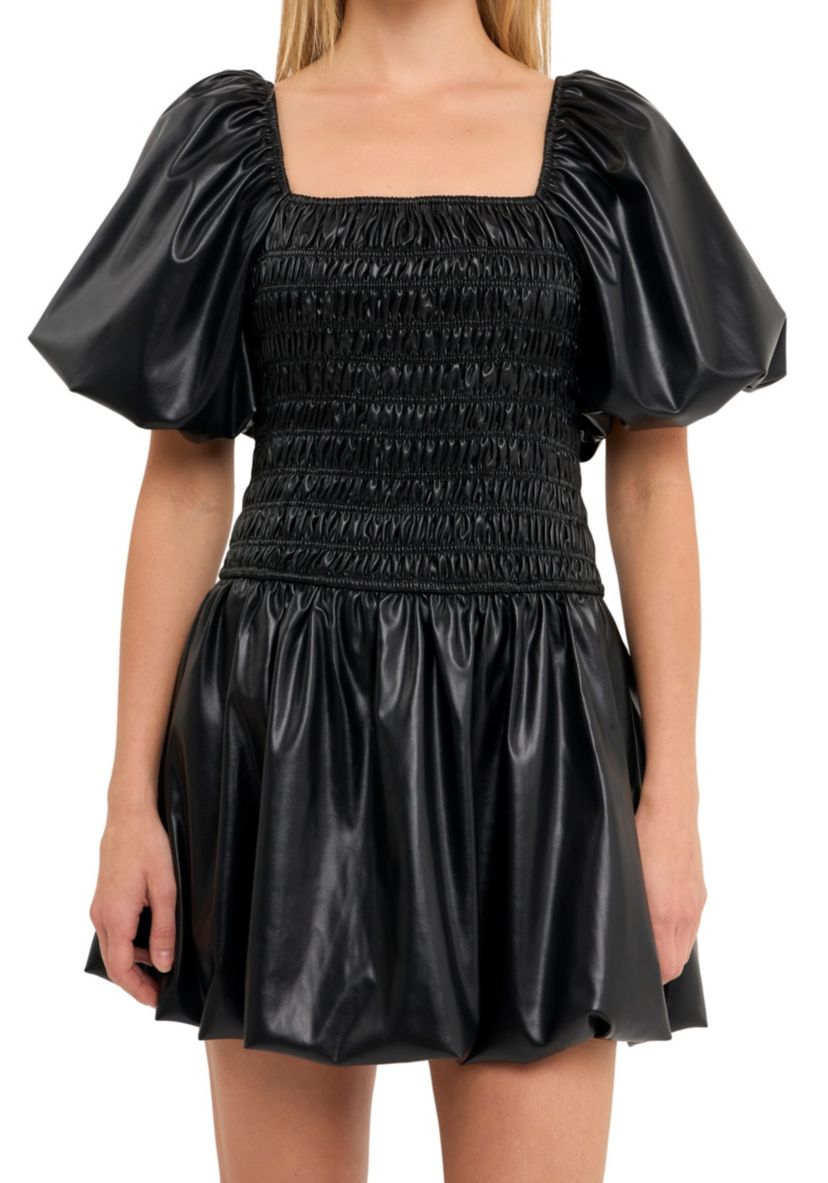 PU leather Smocked Balloon Detail Mini Dress