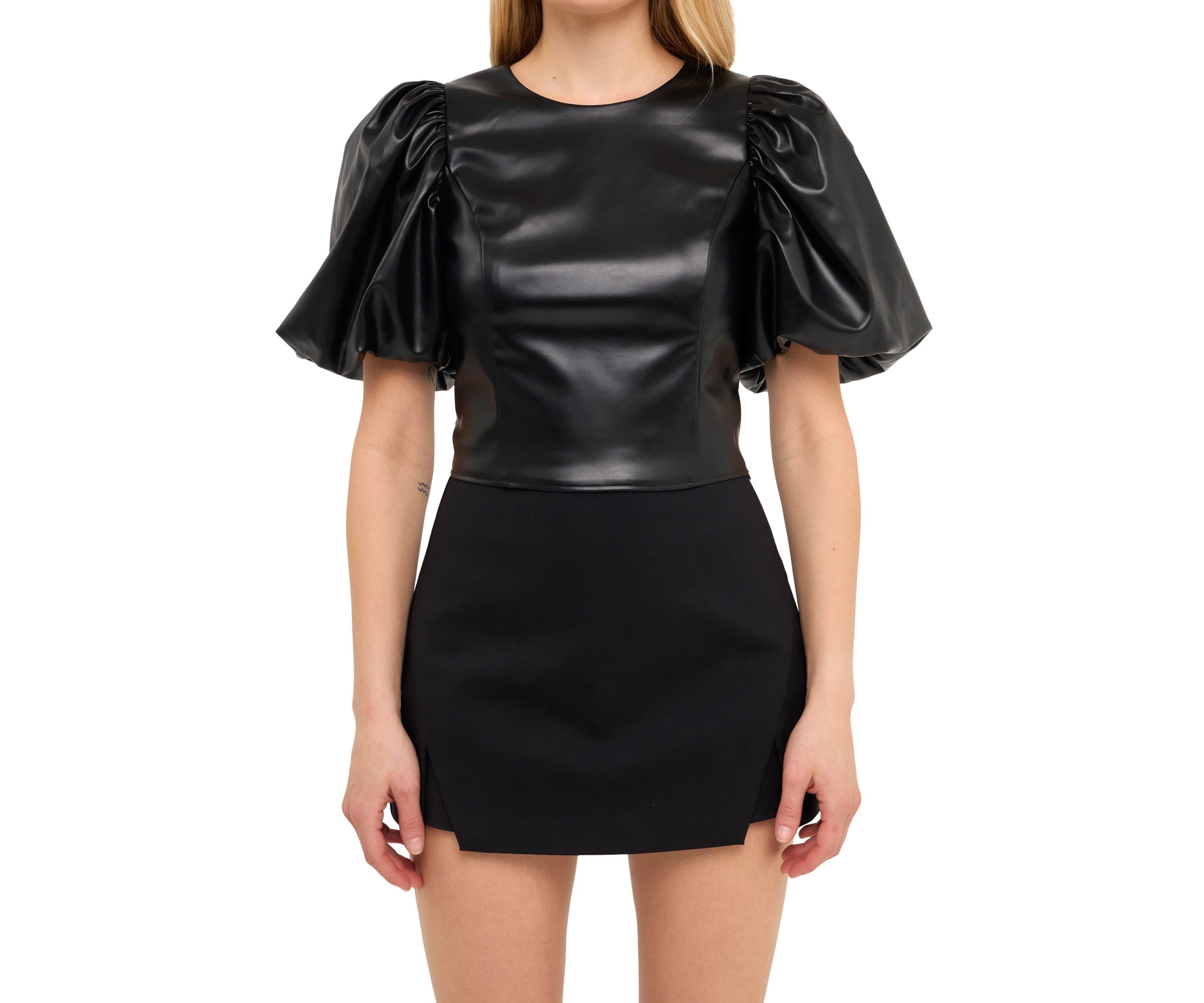 PU Leather Puff Sleeve Cropped Top