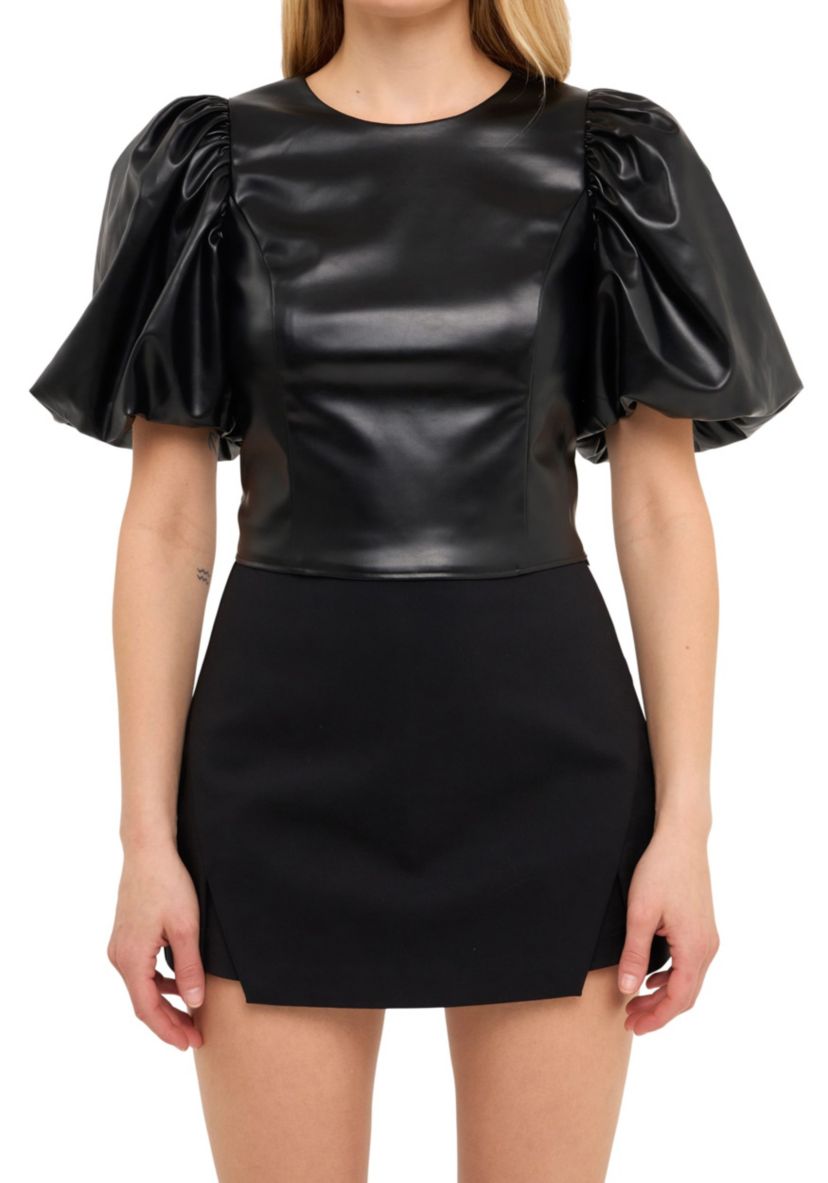 PU Leather Puff Sleeve Cropped Top