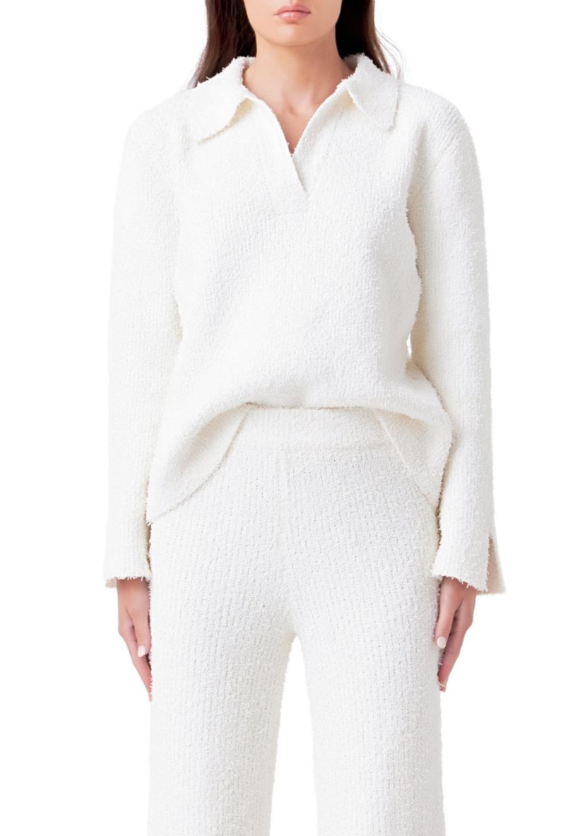 Textured Fuzzy Collared Sweater