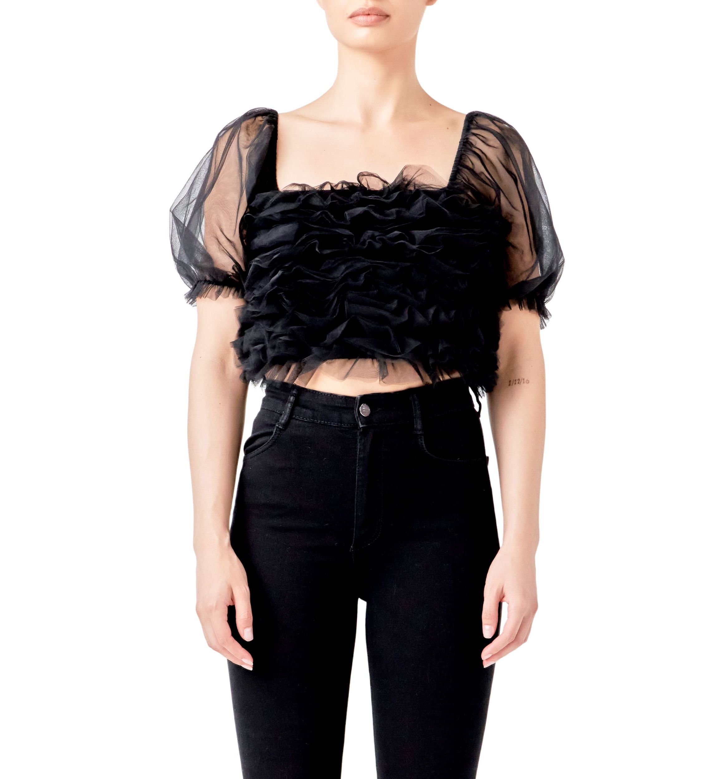 Ruffled Puff Sleeve Tulle Top