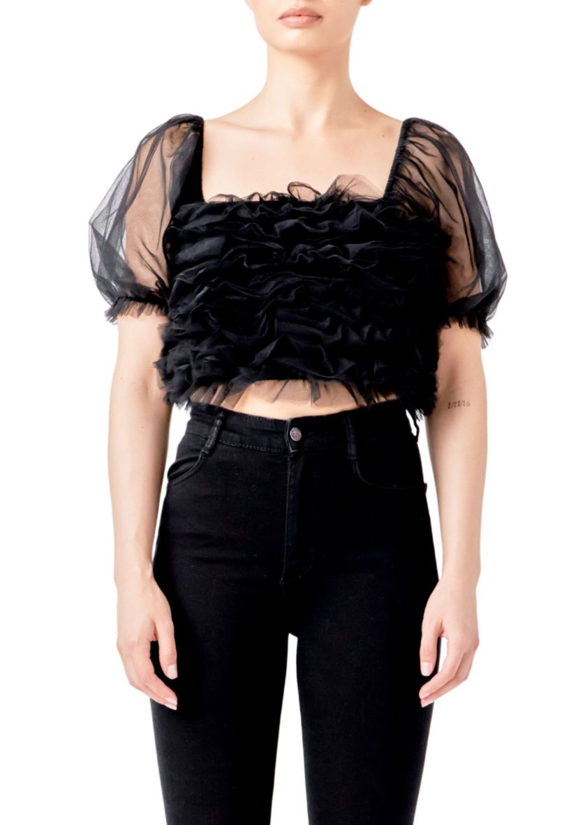 Ruffled Puff Sleeve Tulle Top