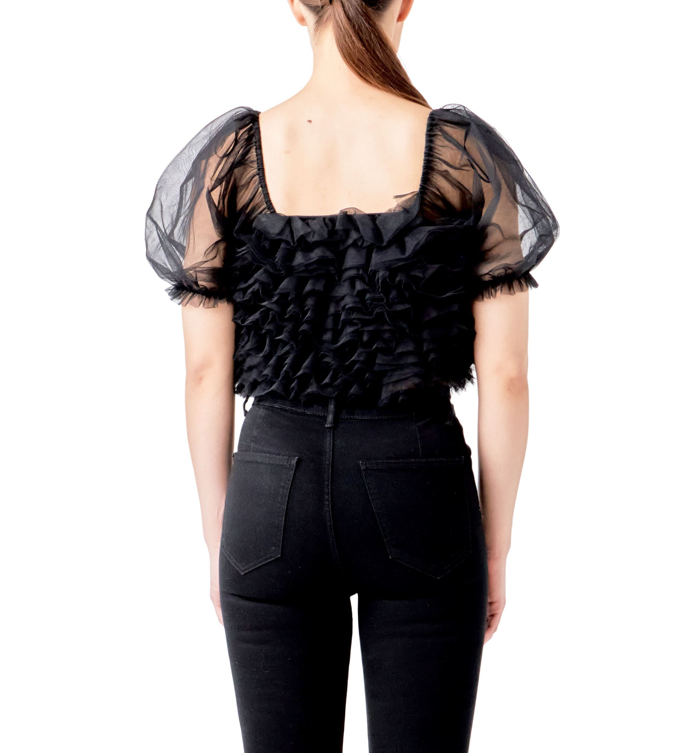Ruffled Puff Sleeve Tulle Top