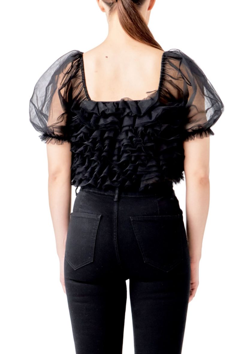 Ruffled Puff Sleeve Tulle Top