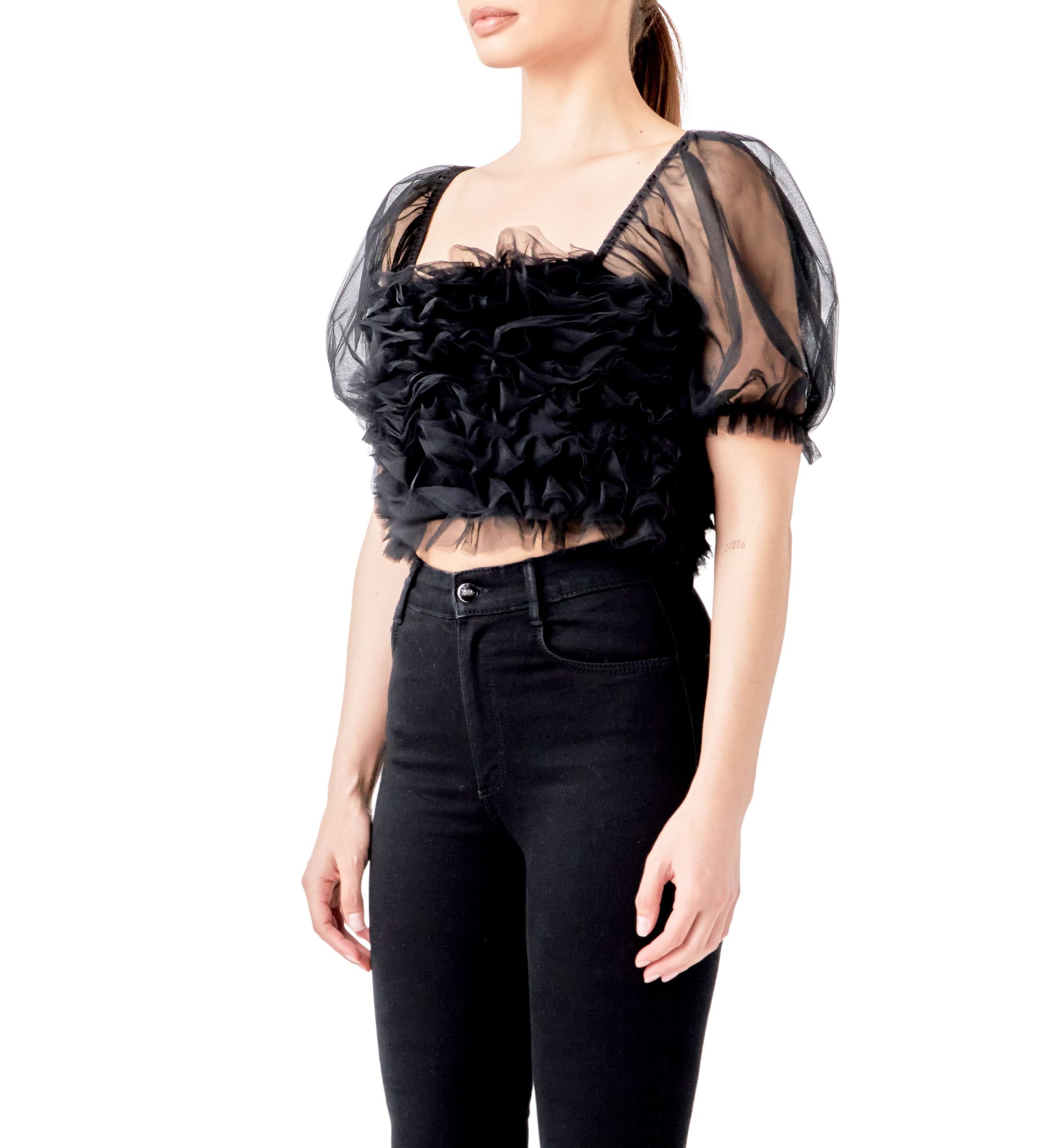Ruffled Puff Sleeve Tulle Top