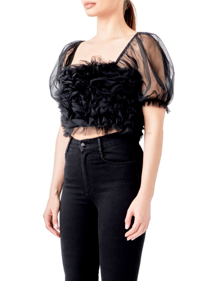 Ruffled Puff Sleeve Tulle Top