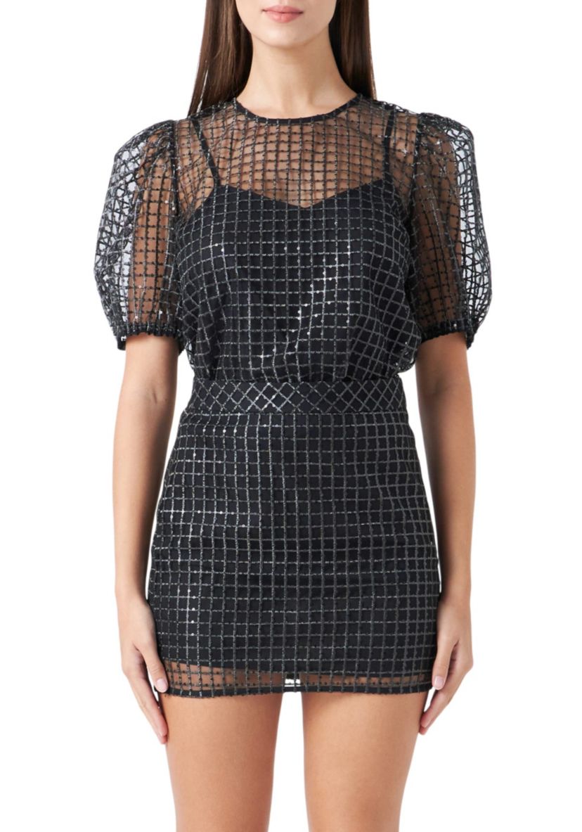 Sequins Mesh Grid Top