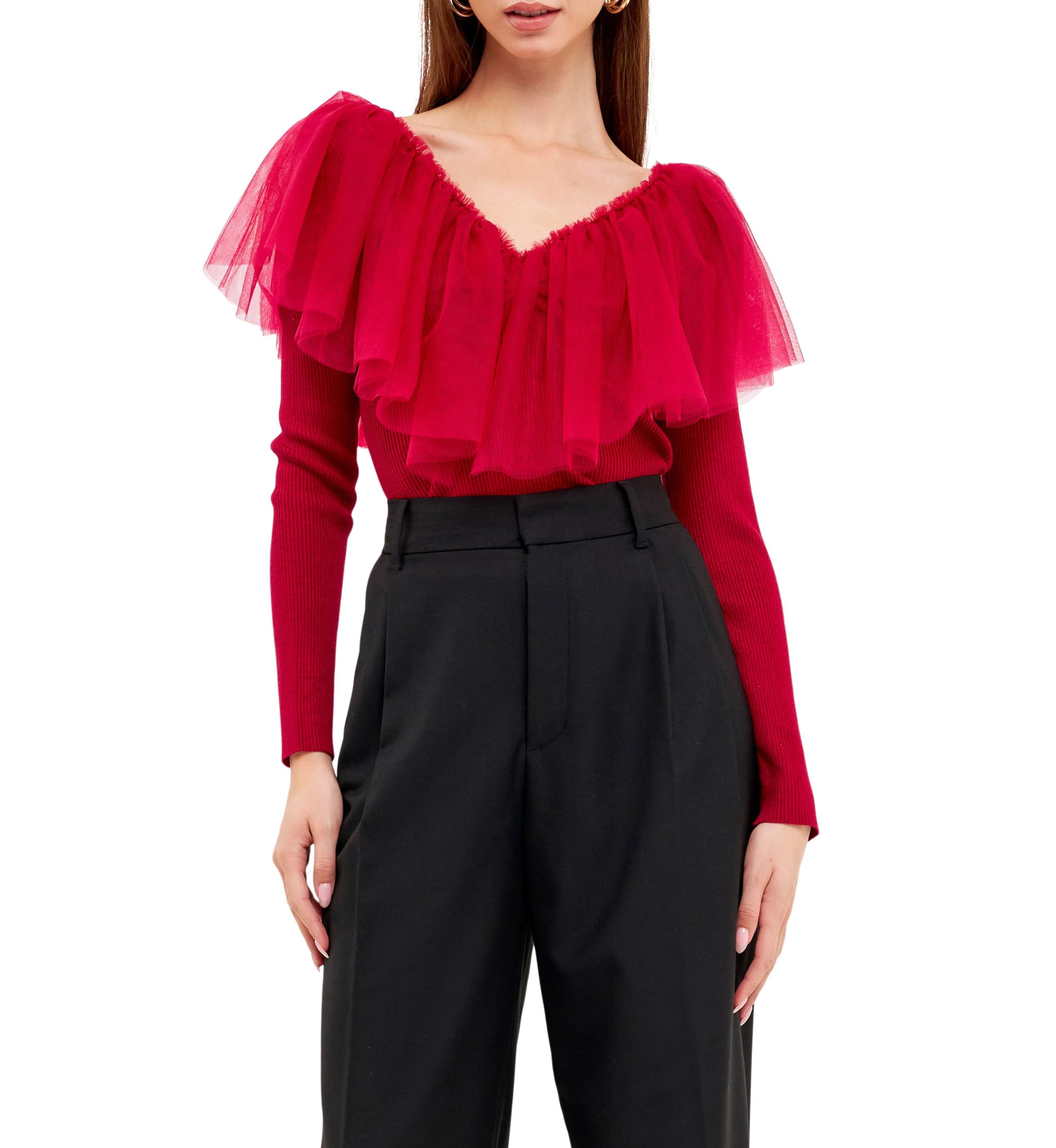 Mixed Media Mesh Pleated Ruffle Top