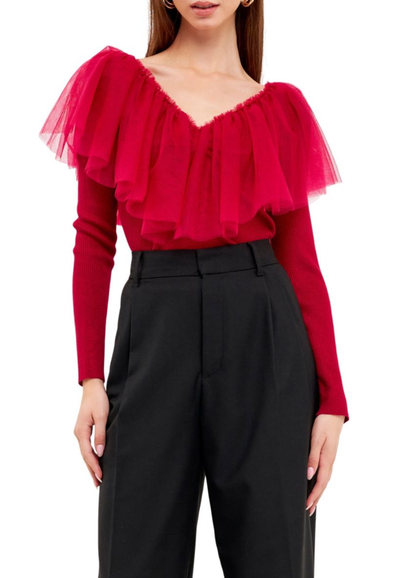 Mixed Media Mesh Pleated Ruffle Top