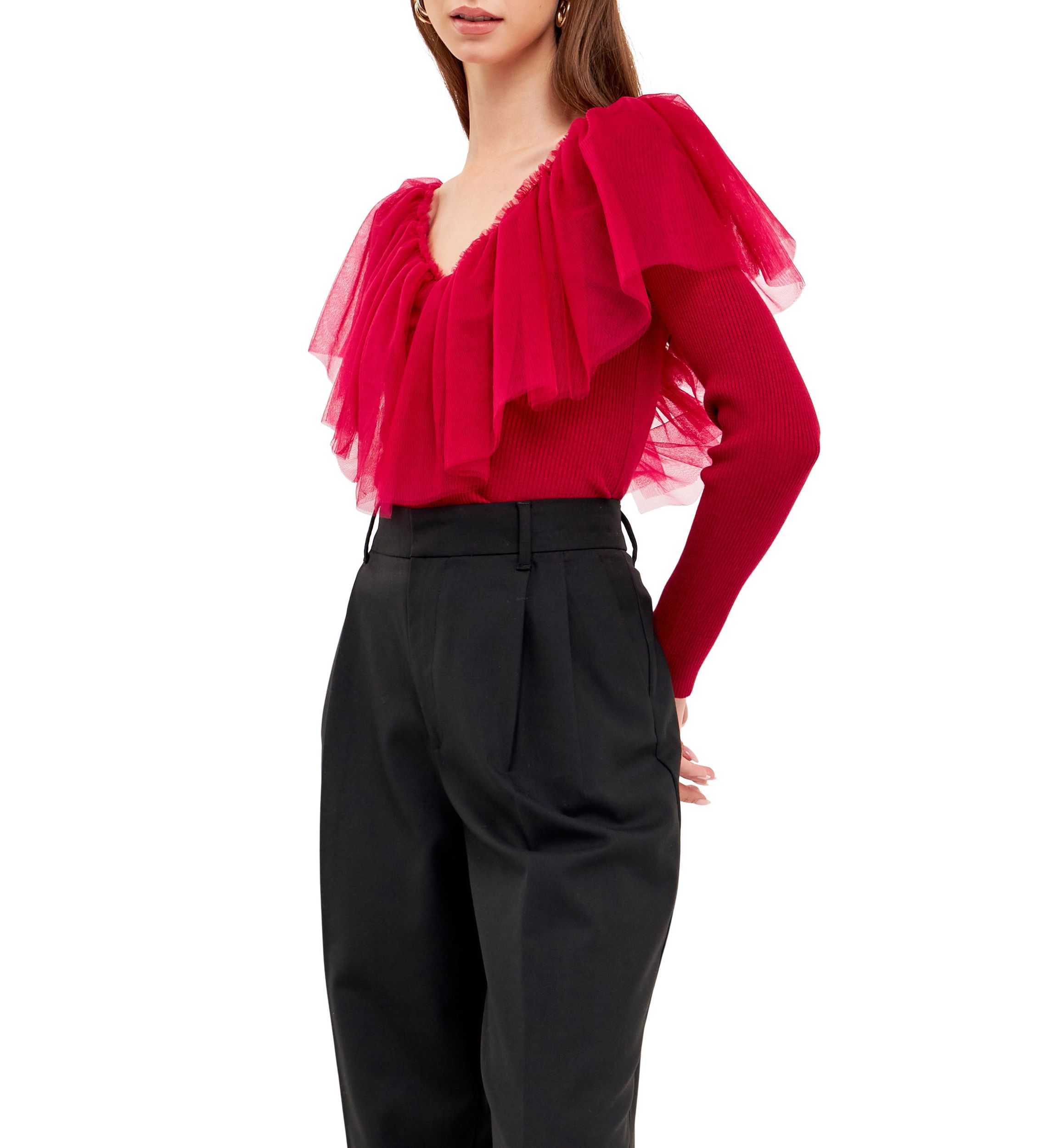 Mixed Media Mesh Pleated Ruffle Top