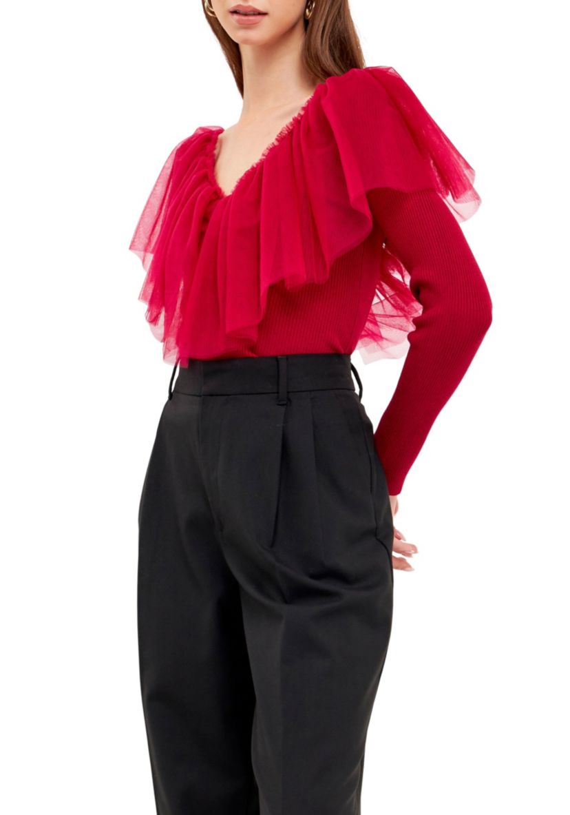 Mixed Media Mesh Pleated Ruffle Top