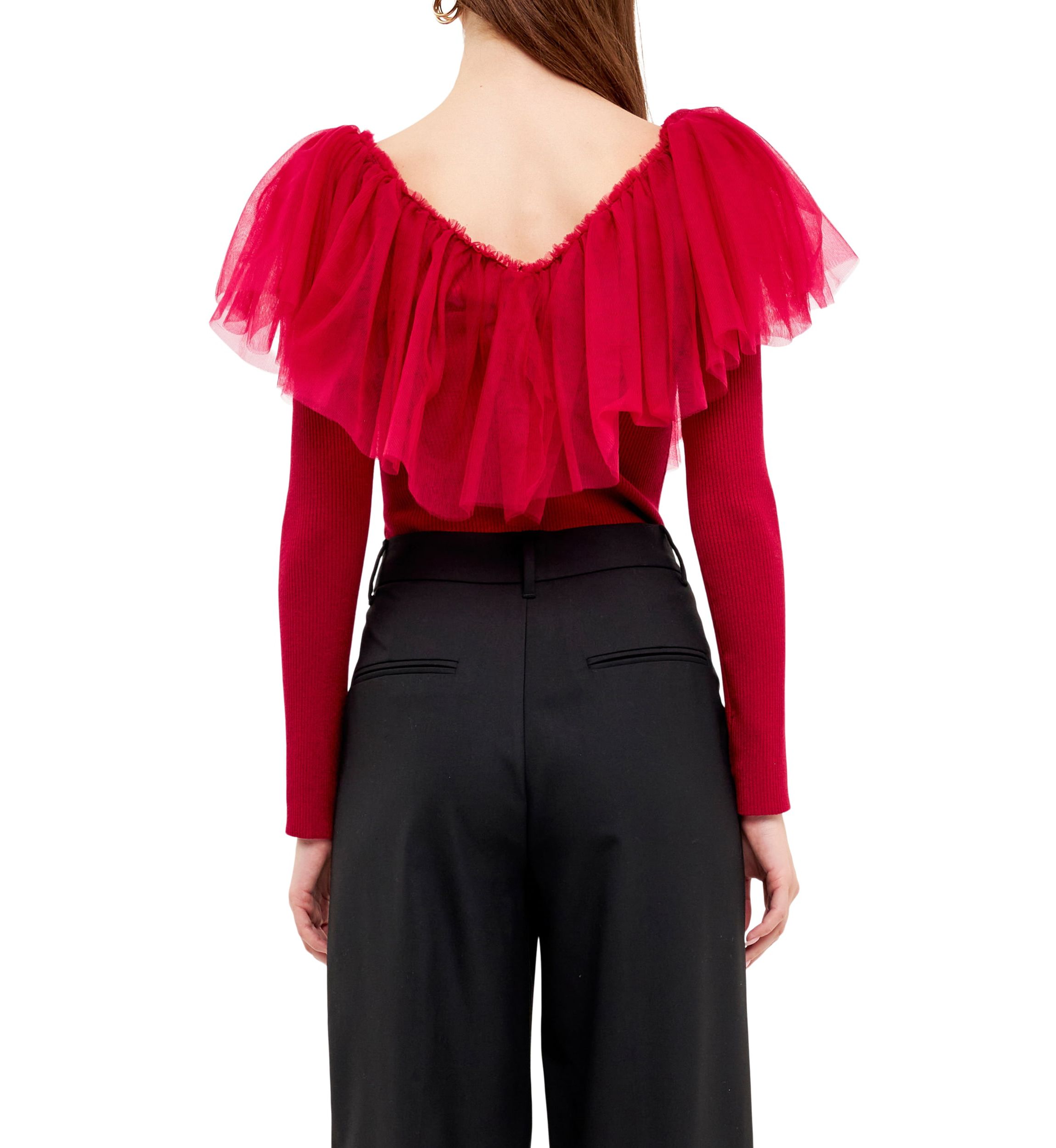 Mixed Media Mesh Pleated Ruffle Top