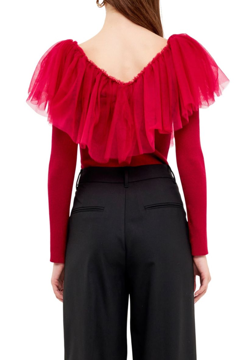 Mixed Media Mesh Pleated Ruffle Top