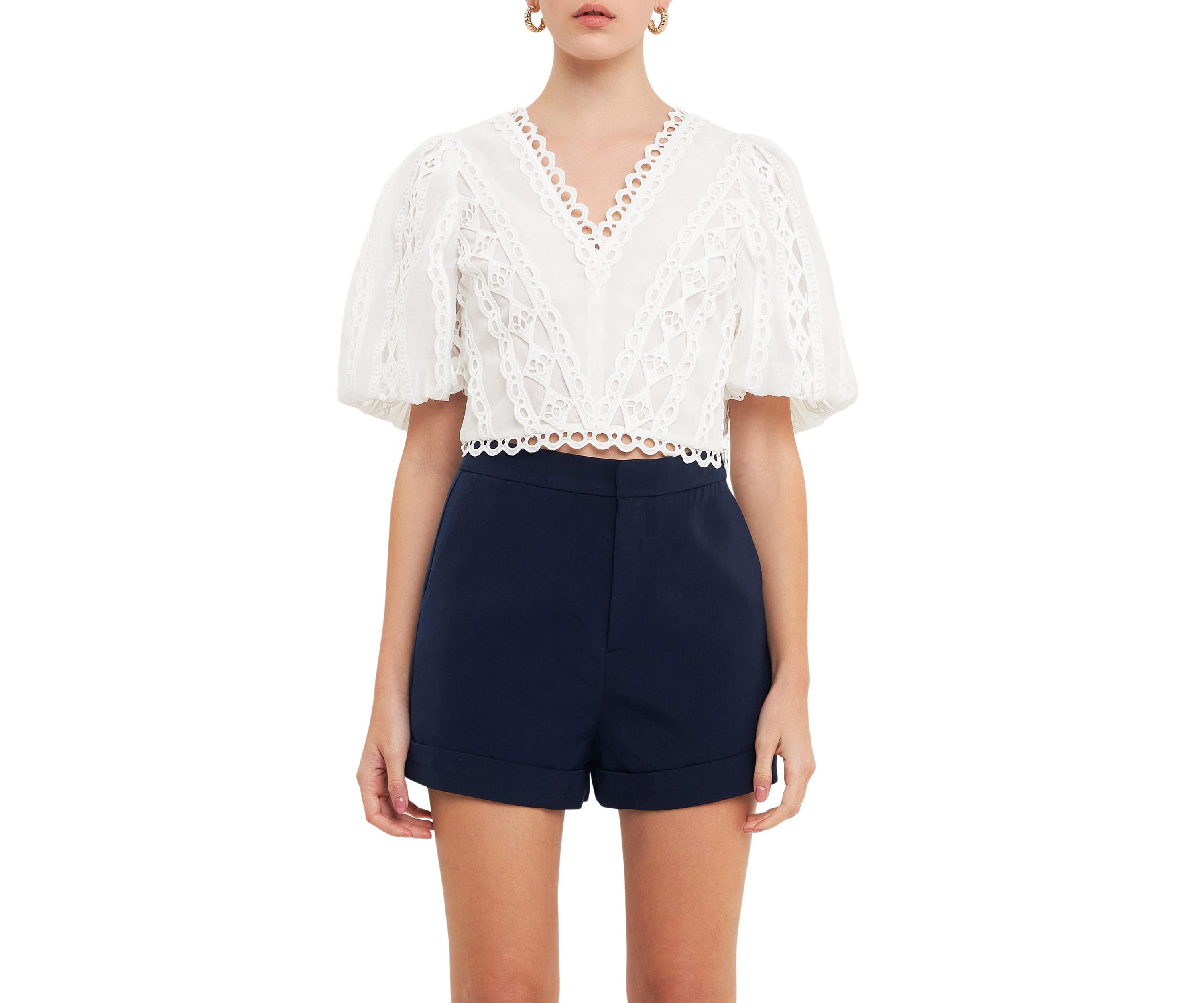 Laced V-Neck Puff Sleeve Top