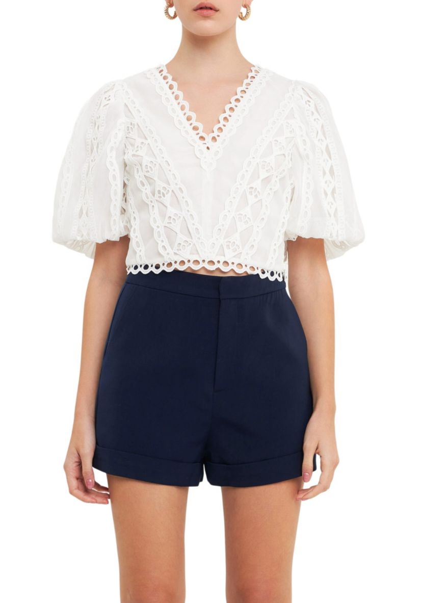 Laced V-Neck Puff Sleeve Top