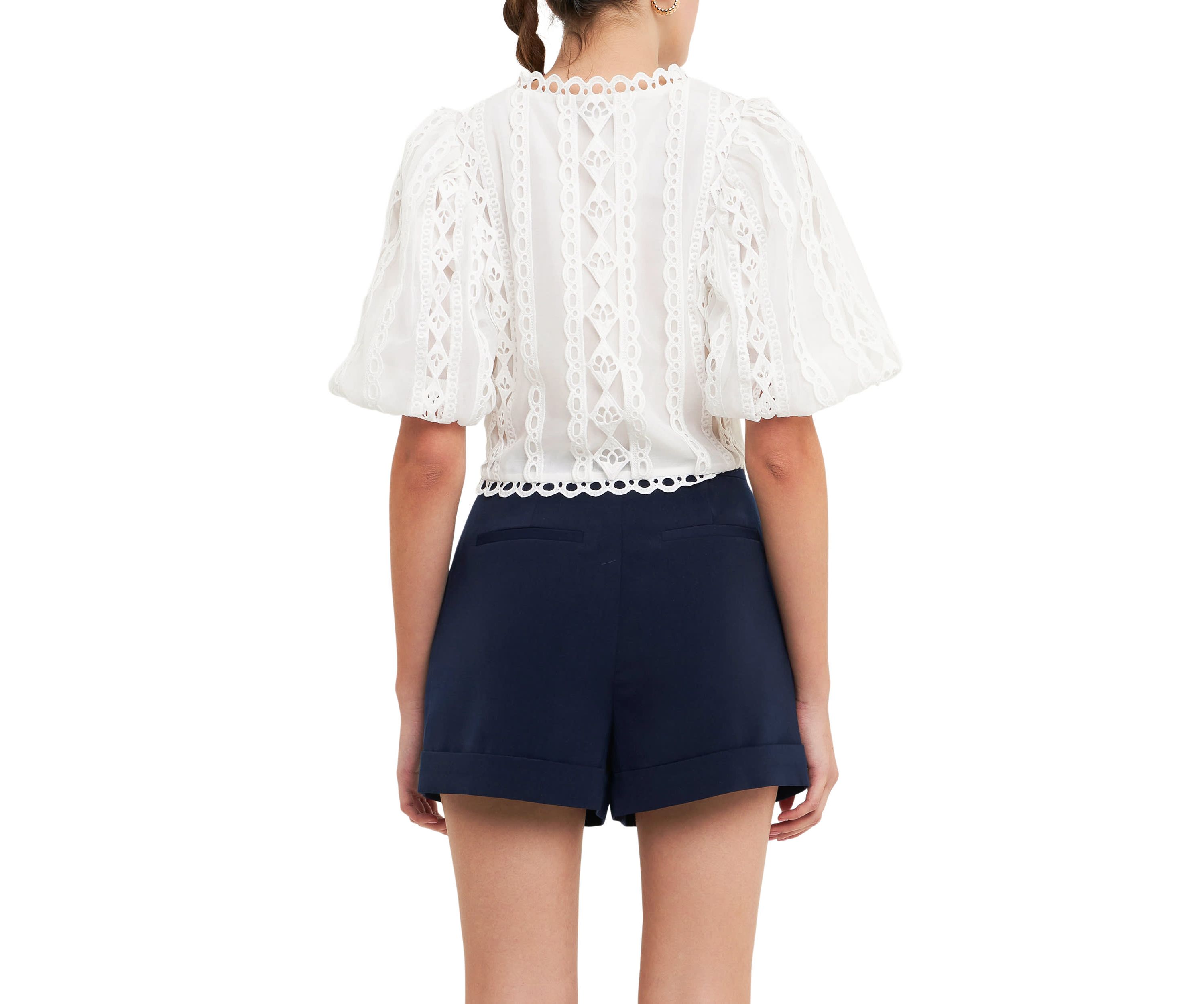 Laced V-Neck Puff Sleeve Top