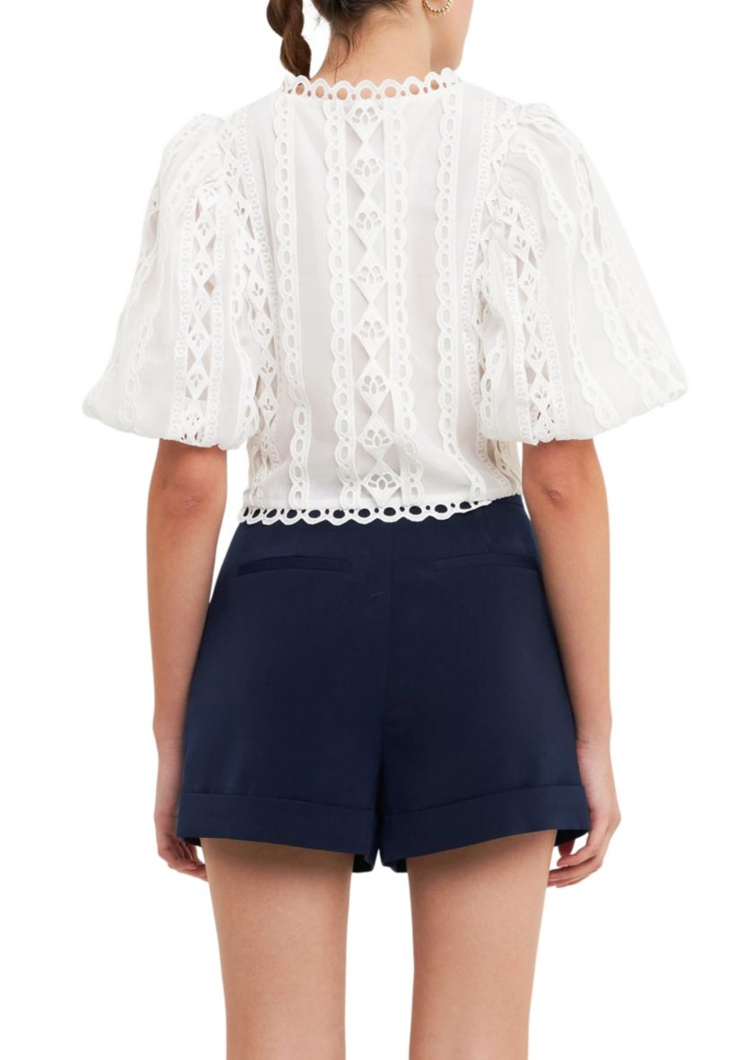 Laced V-Neck Puff Sleeve Top