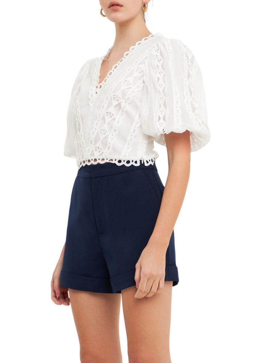 Laced V-Neck Puff Sleeve Top