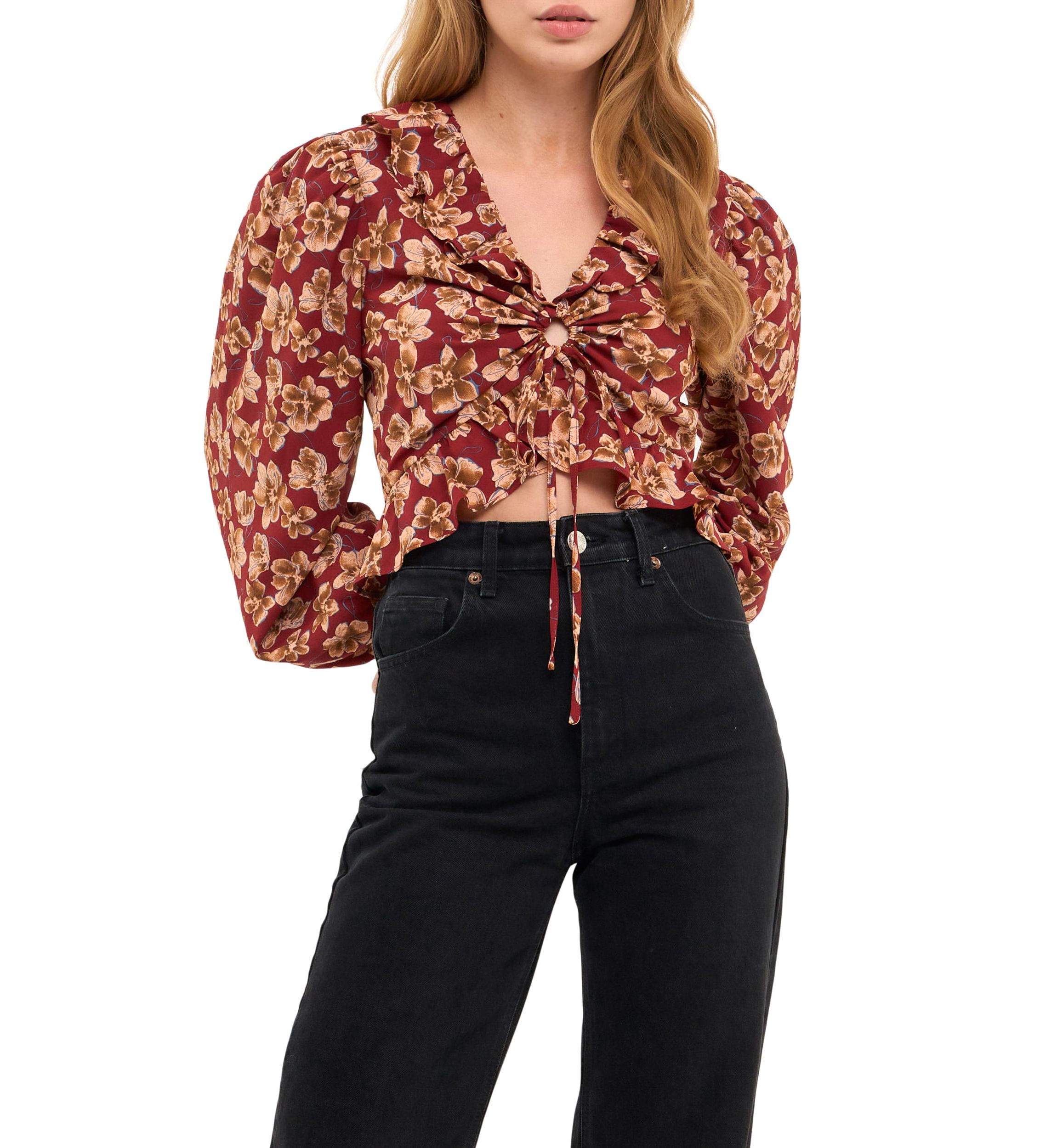 Crinkled Floral Center Cutout Blouse