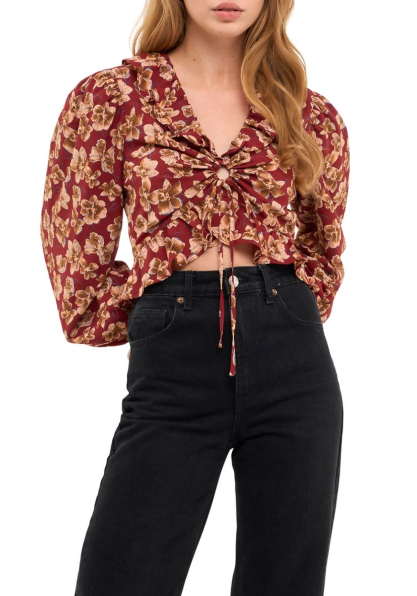 Crinkled Floral Center Cutout Blouse