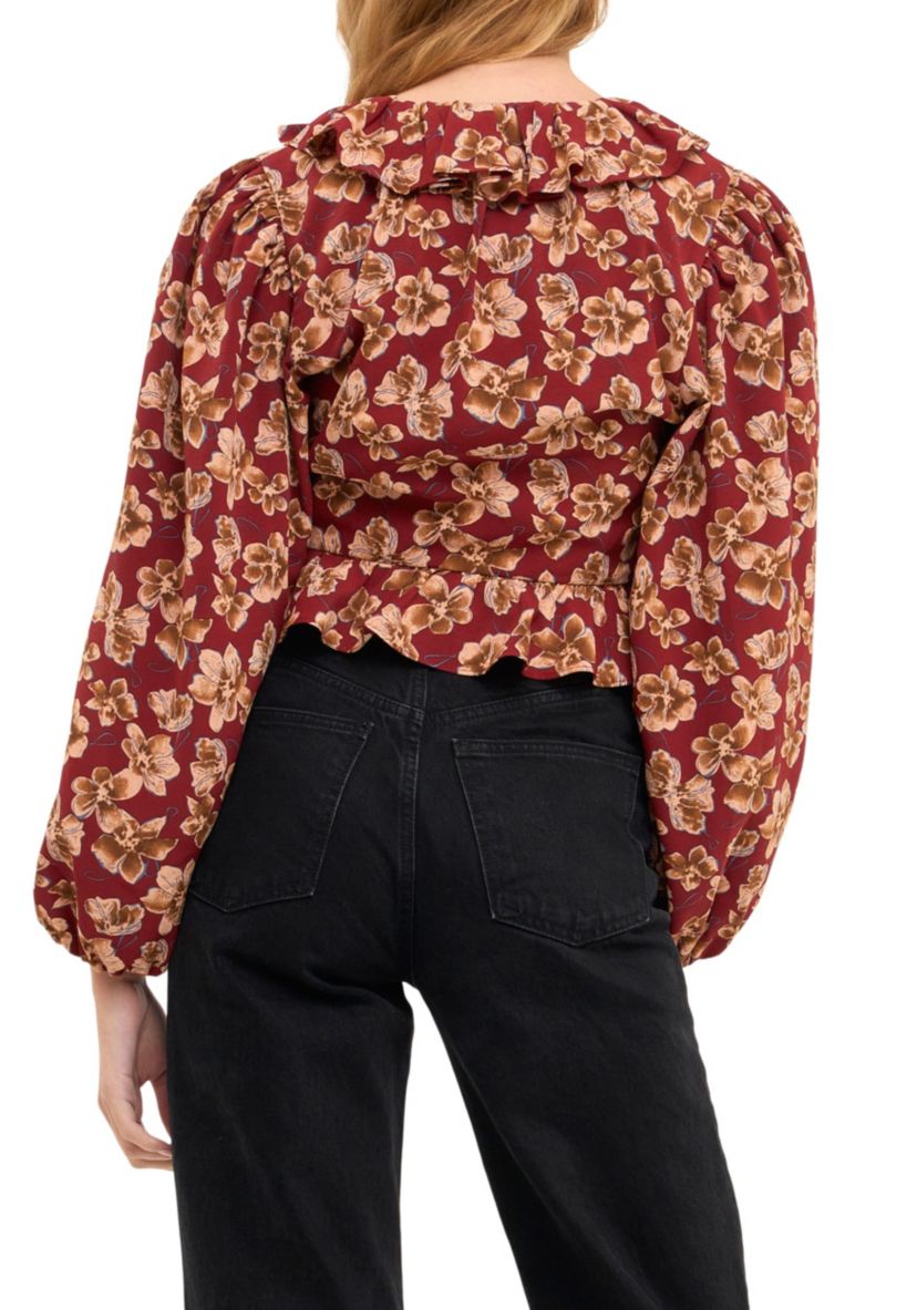Crinkled Floral Center Cutout Blouse