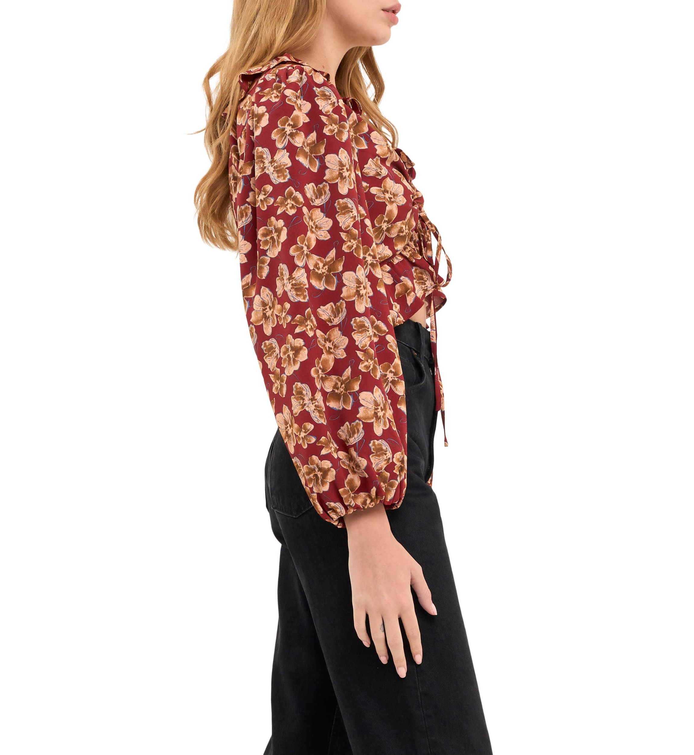 Crinkled Floral Center Cutout Blouse