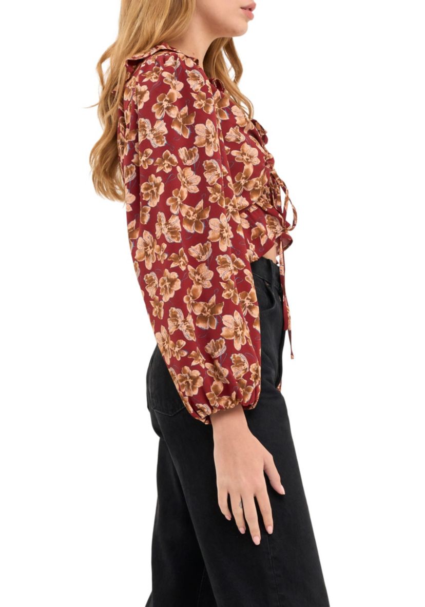 Crinkled Floral Center Cutout Blouse