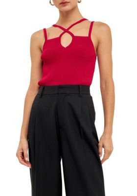 Endless Rose Women's Strap Detail Fitted Knit Top, Red, Medium