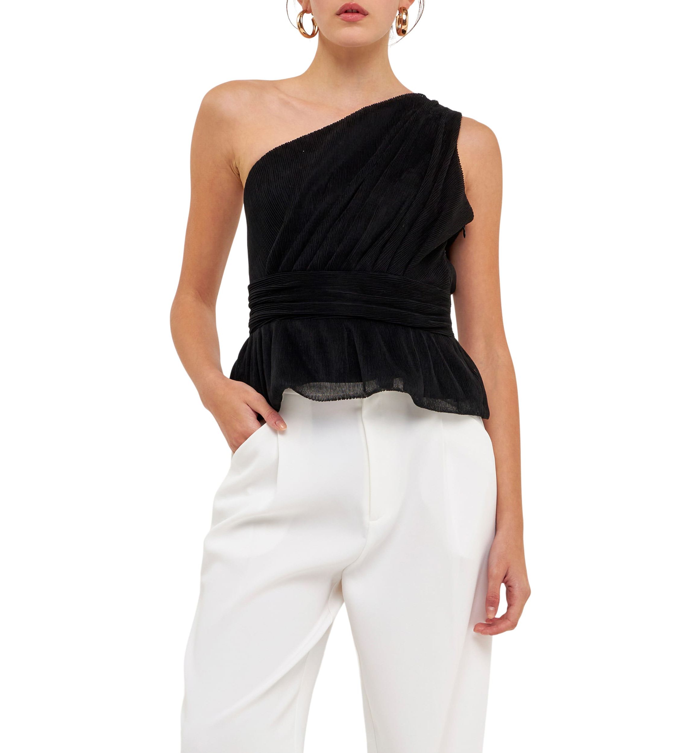 One Shoulder Shirred Tulle Top