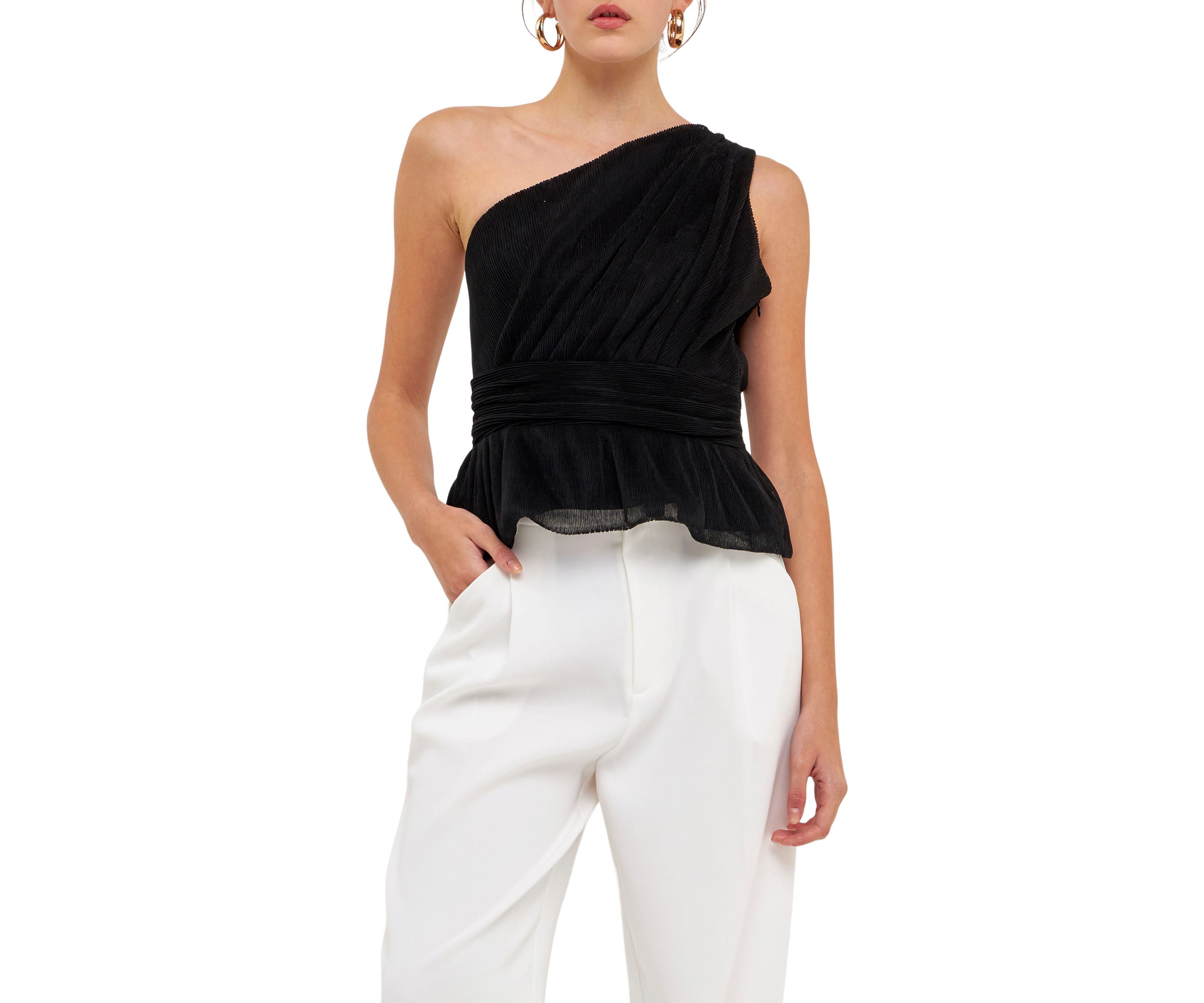 One Shoulder Shirred Tulle Top