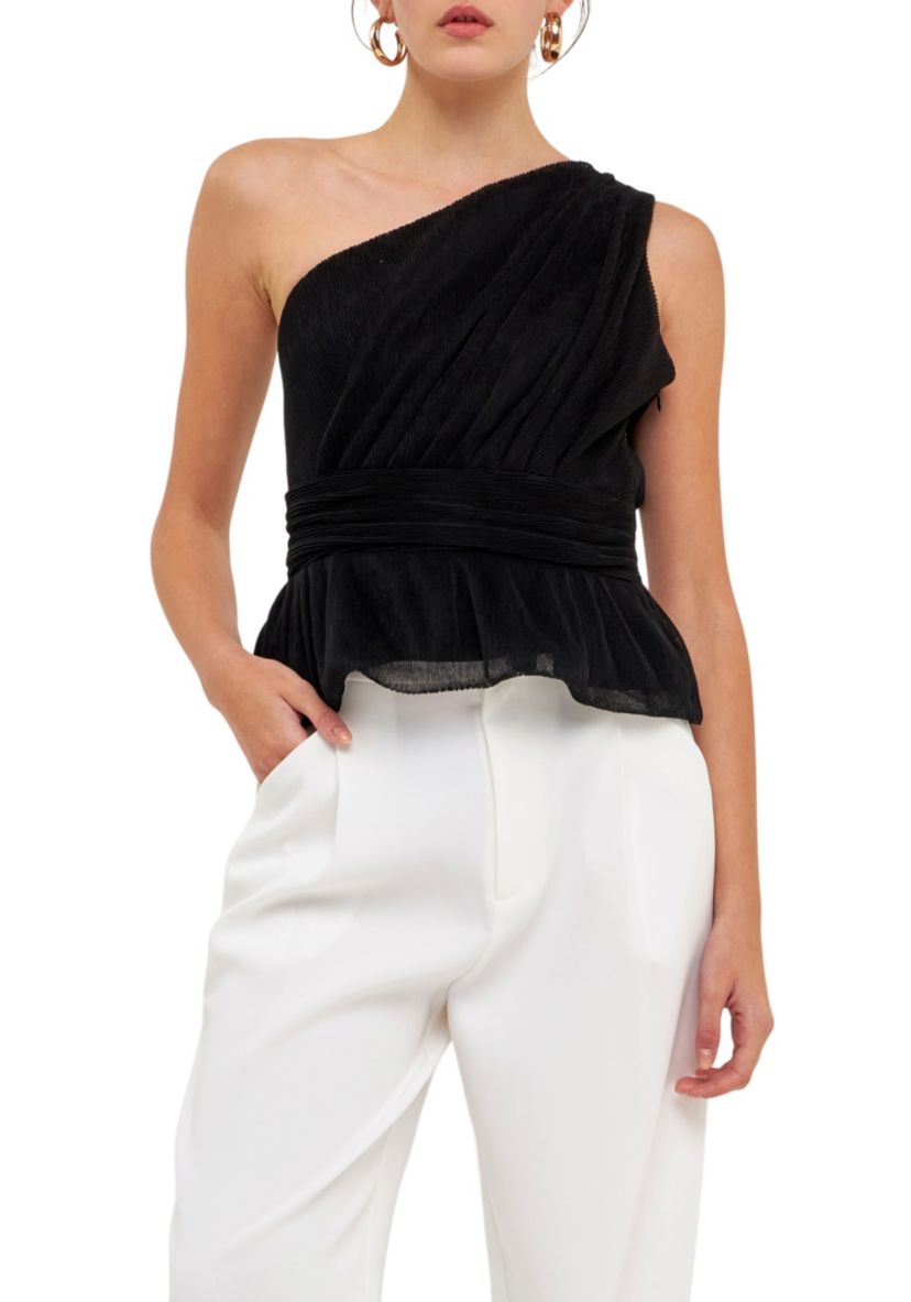 One Shoulder Shirred Tulle Top