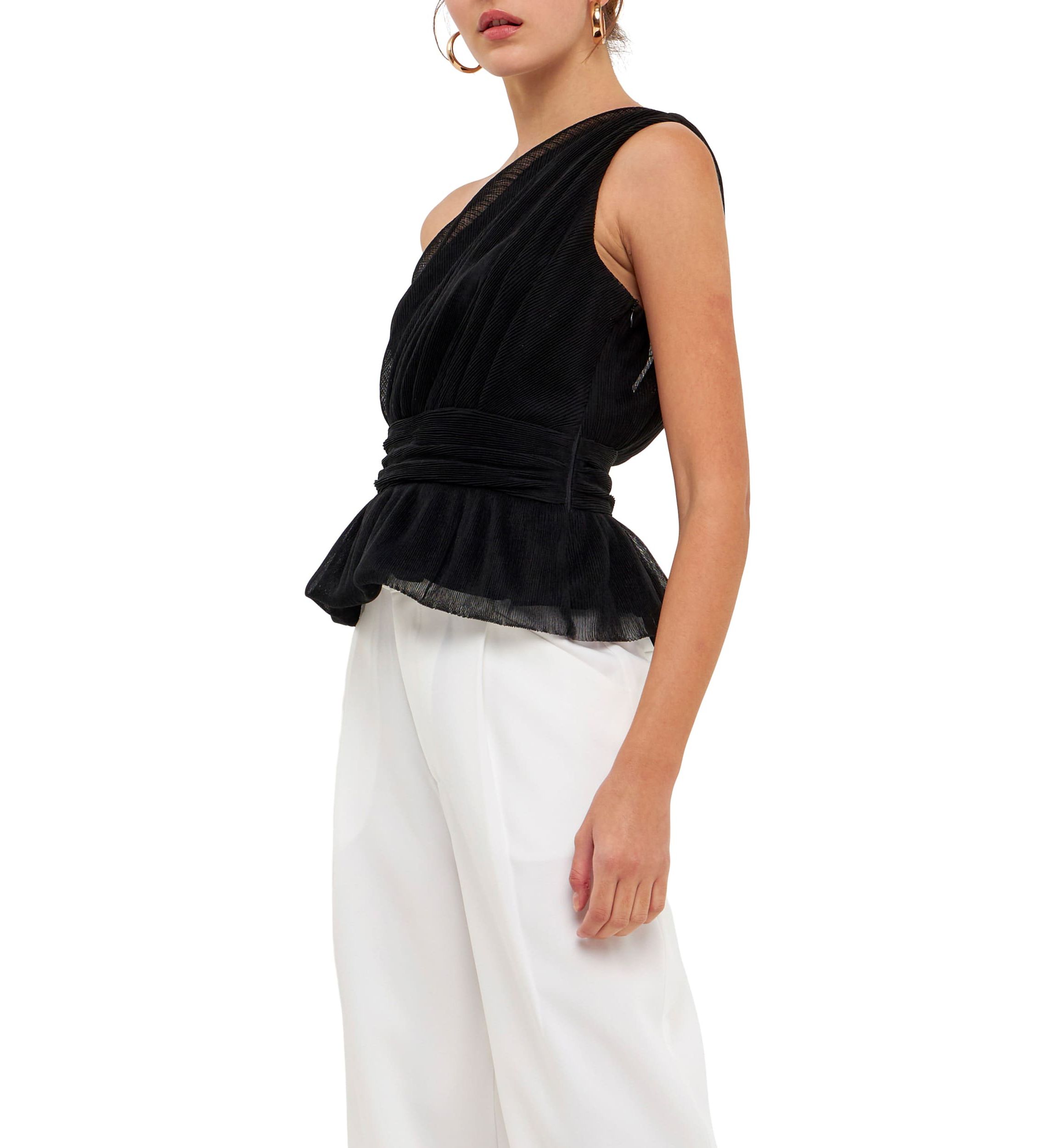 One Shoulder Shirred Tulle Top