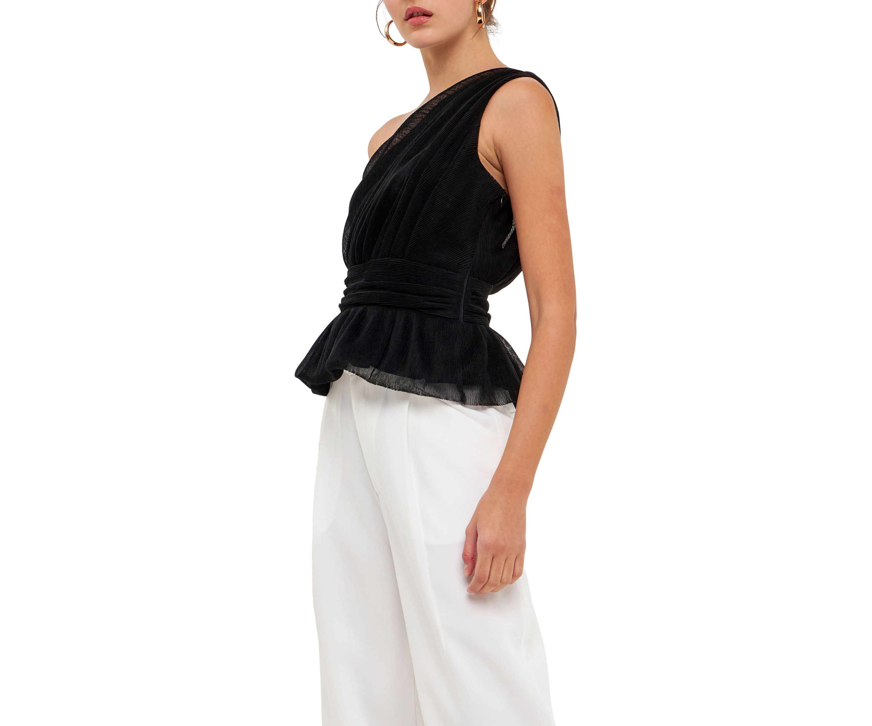 One Shoulder Shirred Tulle Top