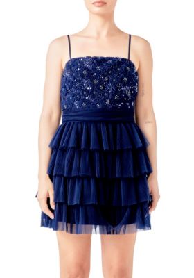 Endless Rose Women's Floral Detail Tulle Mini Dress, Navy Blue, Large