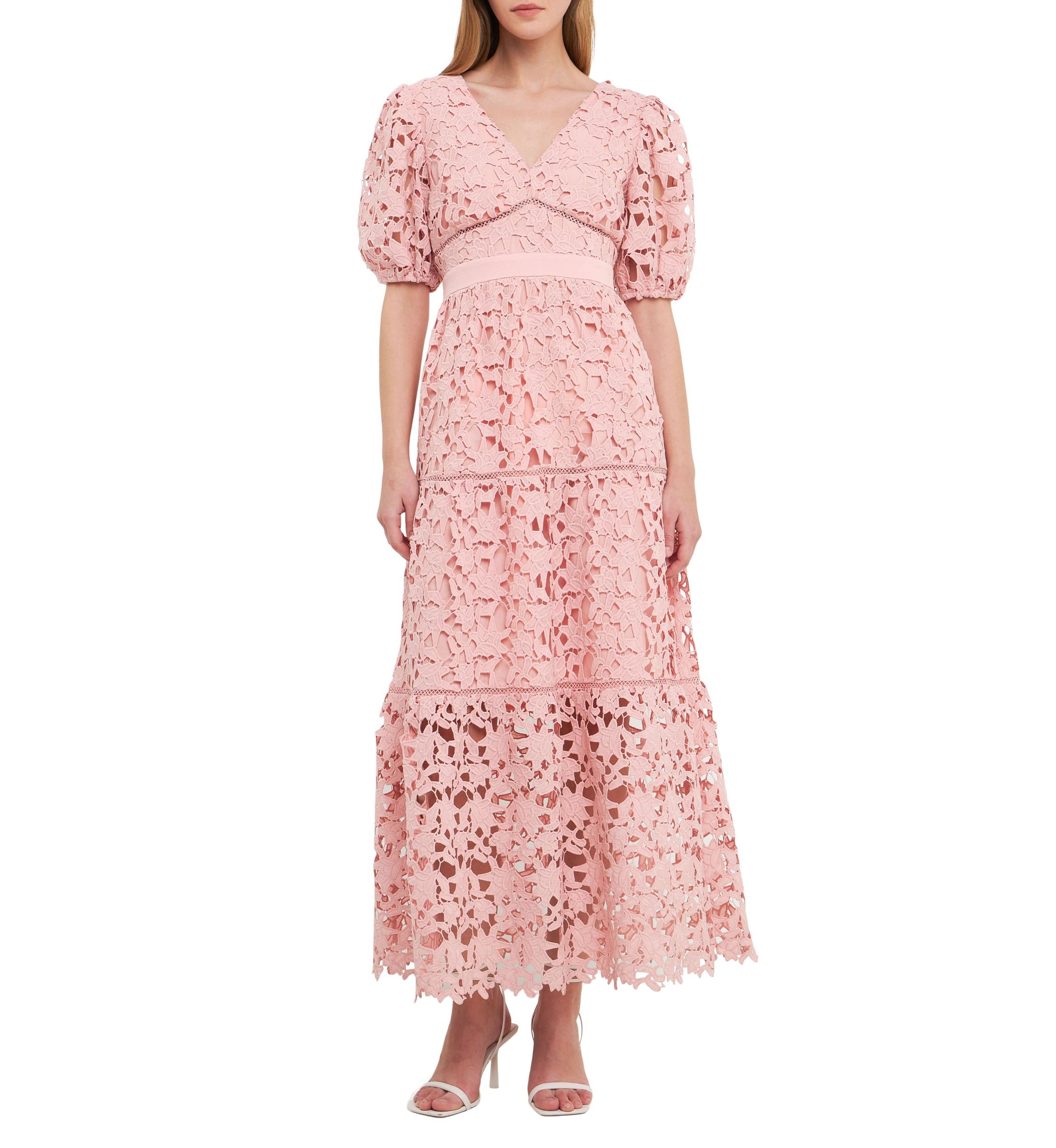 Puff Sleeves Lace Tiered Maxi Dress