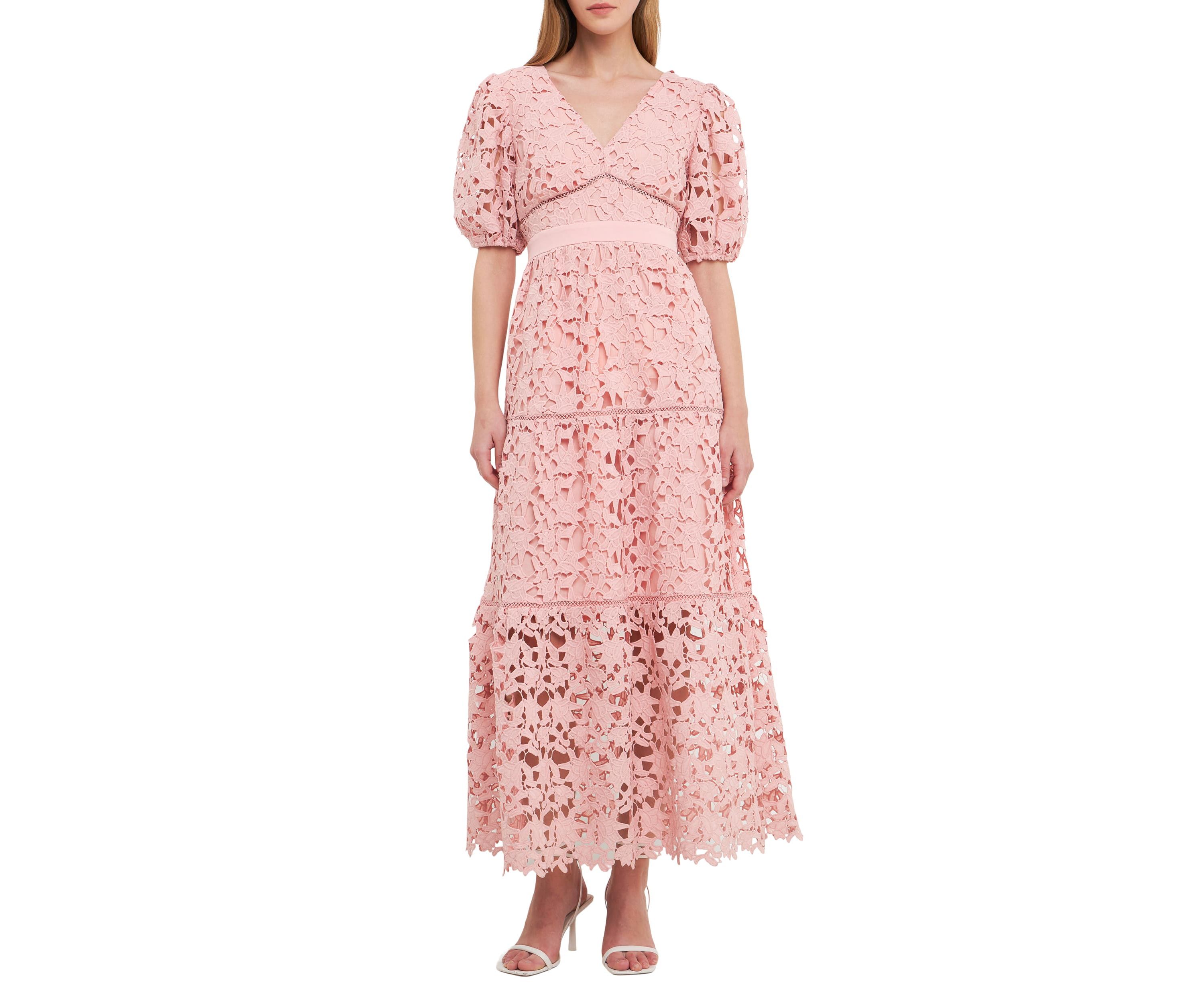 Puff Sleeves Lace Tiered Maxi Dress