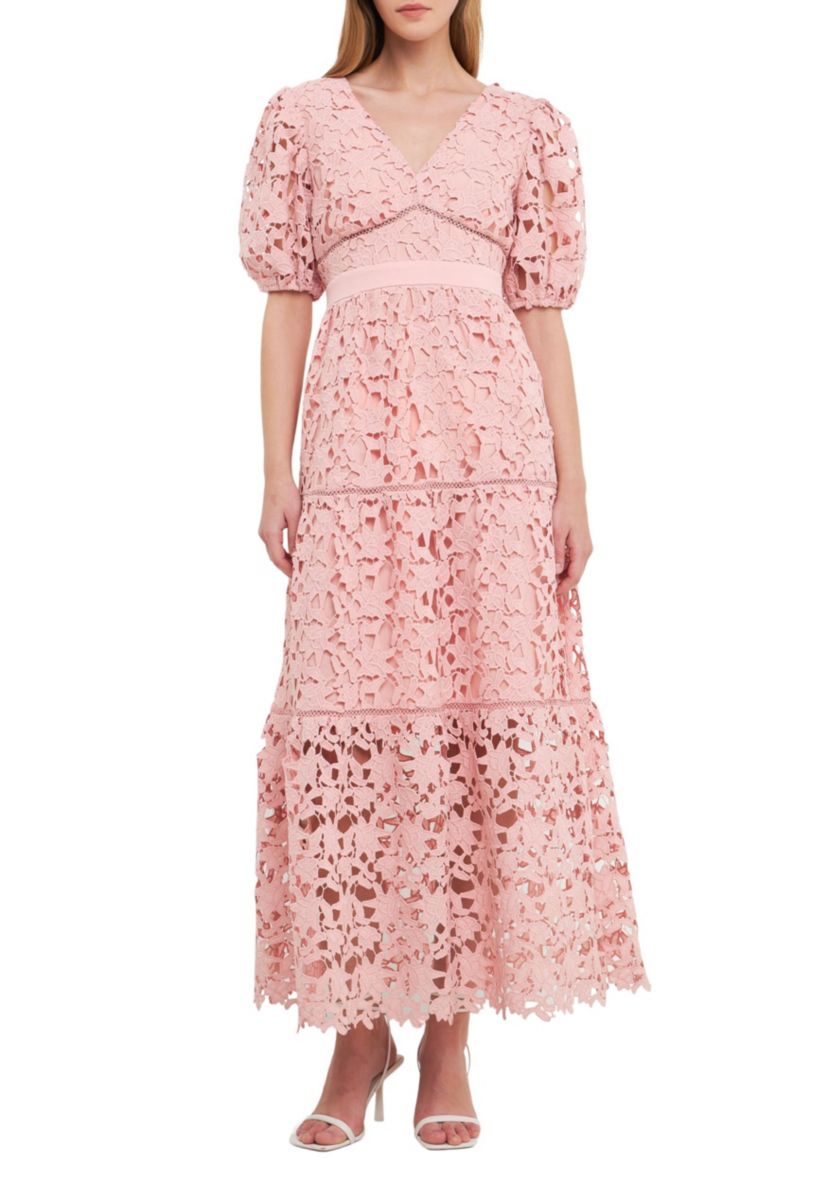 Puff Sleeves Lace Tiered Maxi Dress